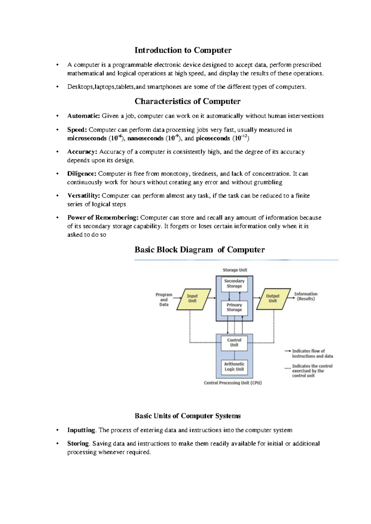 Introduction To Programming DSIT2015 Notes - Introduction to Computer A ...