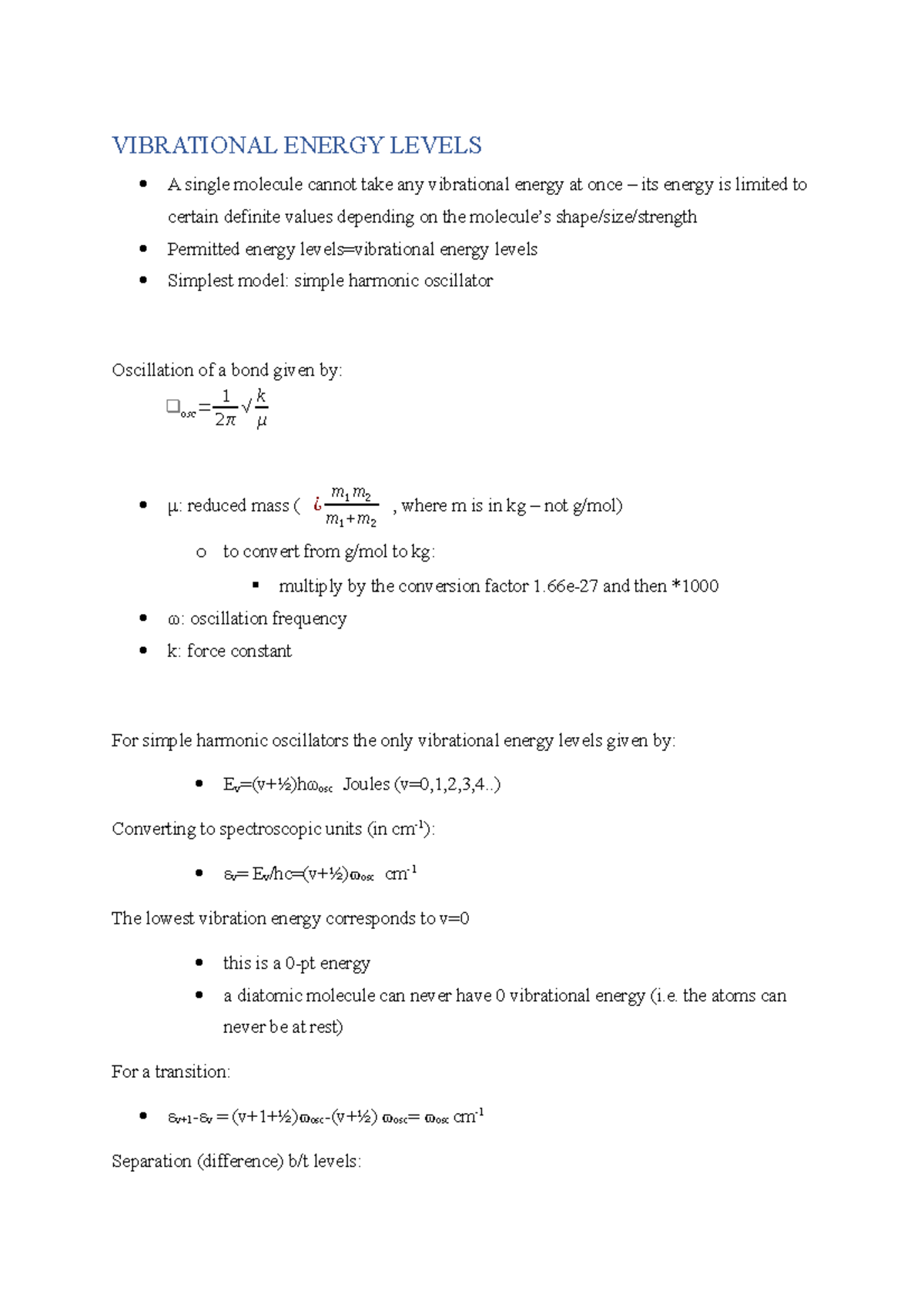13. LECT13 Vibrational Energy Levels VIBRATIONAL ENERGY LEVELS A