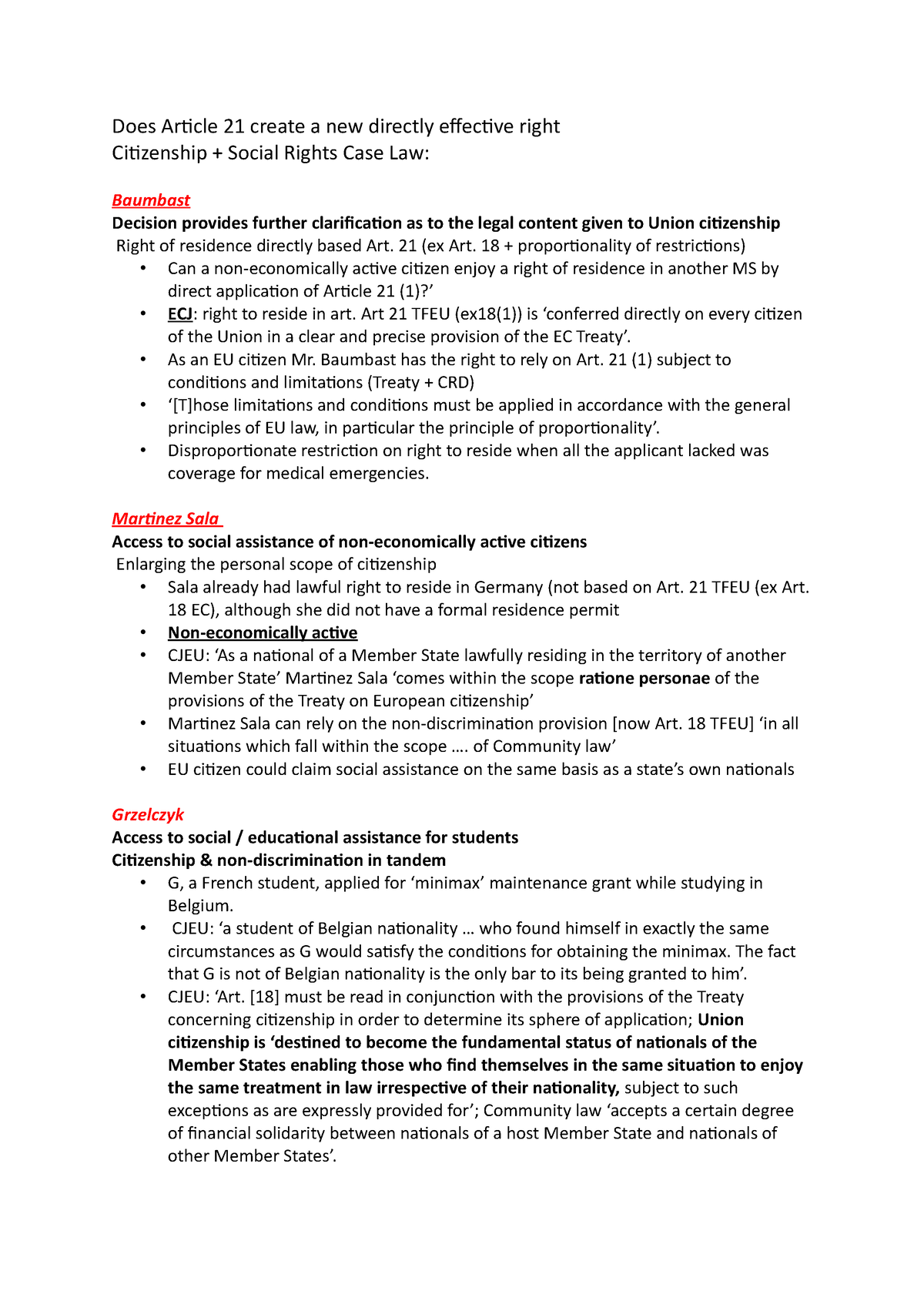 EU Law Lecture 5 Pt(2) Cases - Does Article 21 Create A New Directly ...