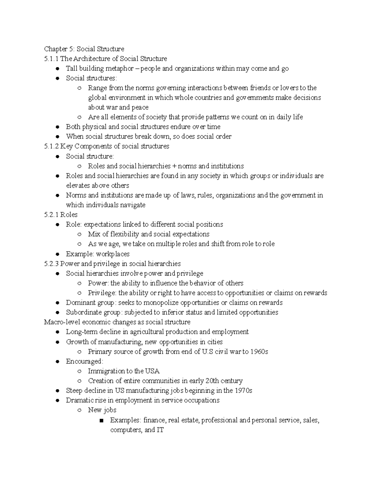 In class notes first 4 sections - Chapter 5: Social Structure 5.1 The ...