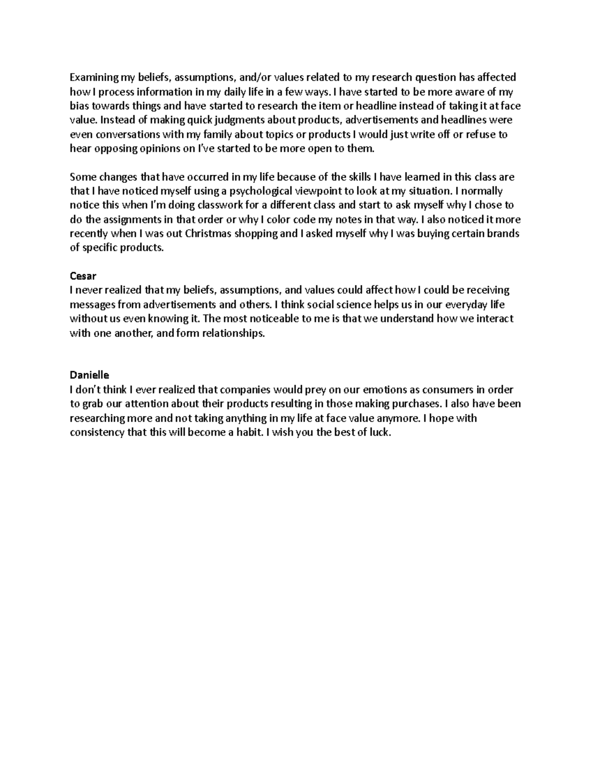 8-1 Discussion- Making Connections - Examining my beliefs, assumptions ...