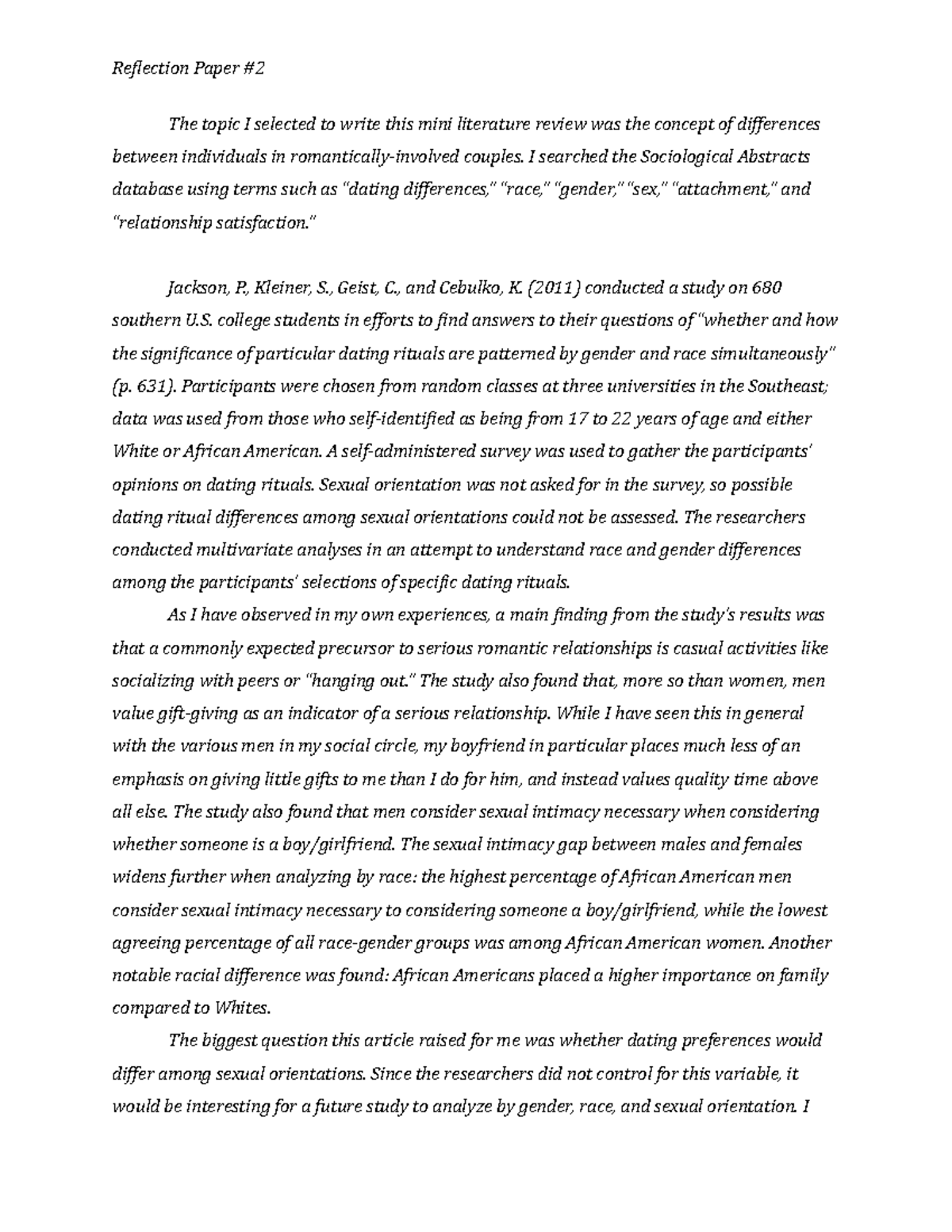 Reflection paper #2 Introductory Sociology Professor Ouimette Spring ...