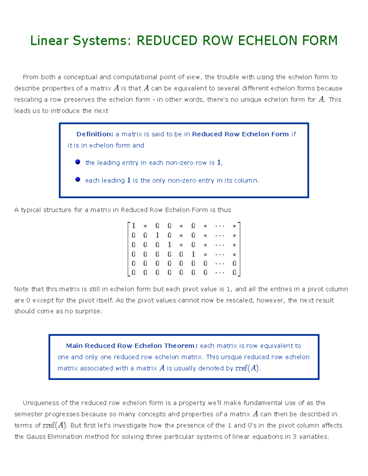 Reduce Echelon form - Linear Systems: REDUCED ROW ECHELON FORM From ...