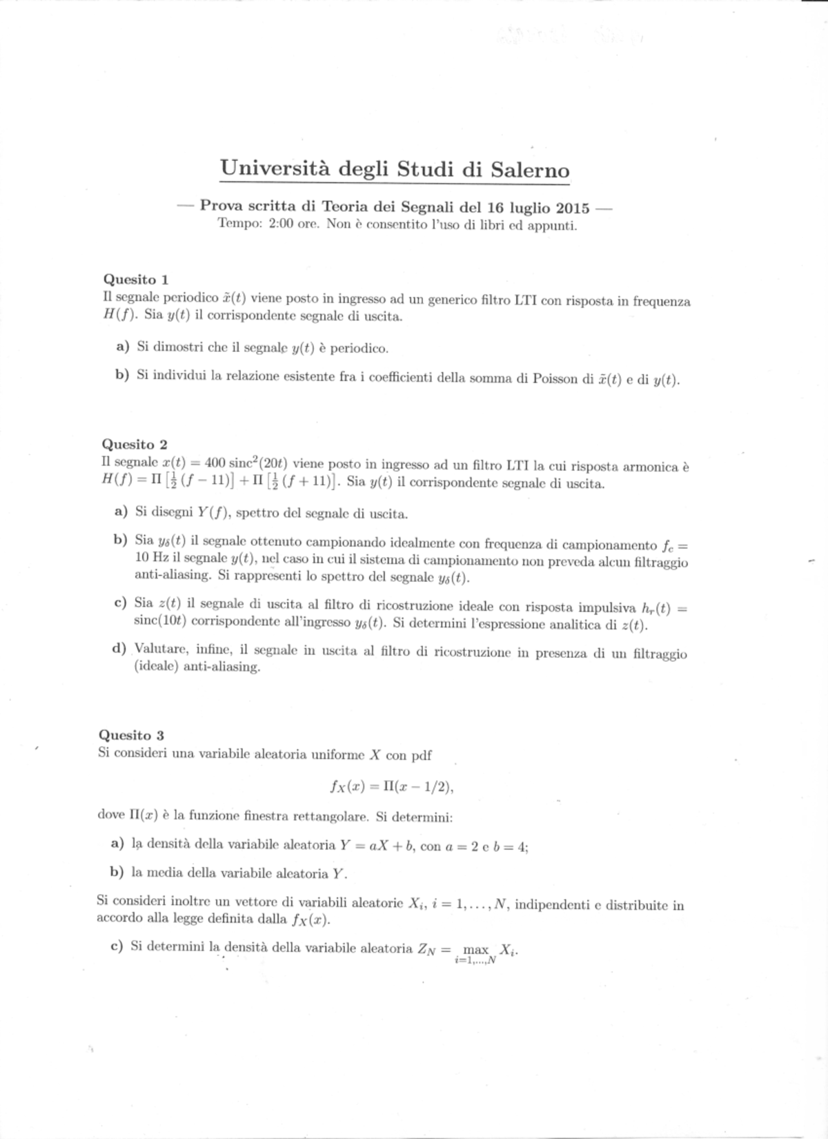 Prova D'esame - Teoria Dei Segnali - 15 Luglio 2015 - Degli Studi Di ...