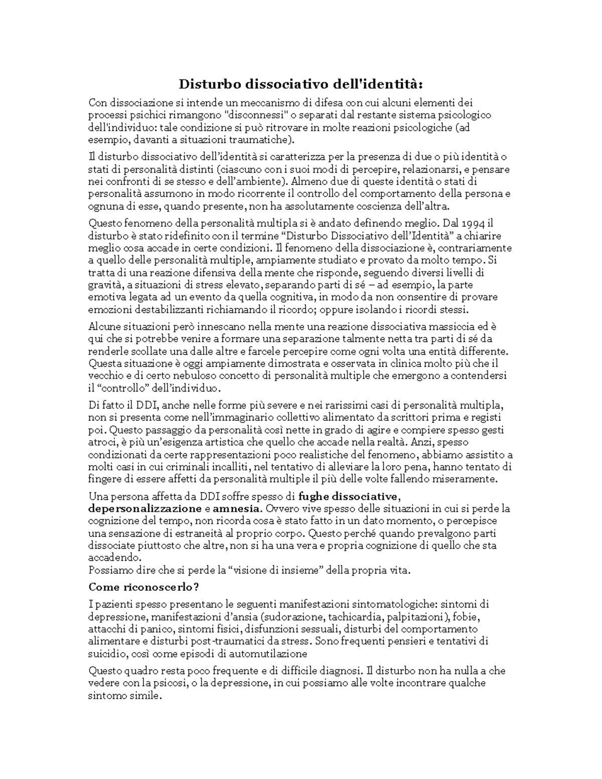 Disturbo dissociativo di personalità - Disturbo dissociativo dell ...