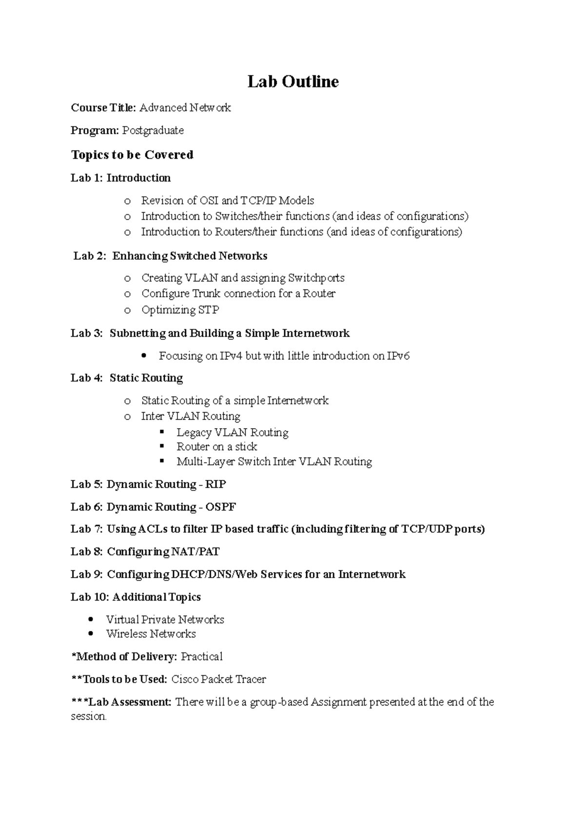 Advanced Network Lab Content Lab Outline Course Title Advanced