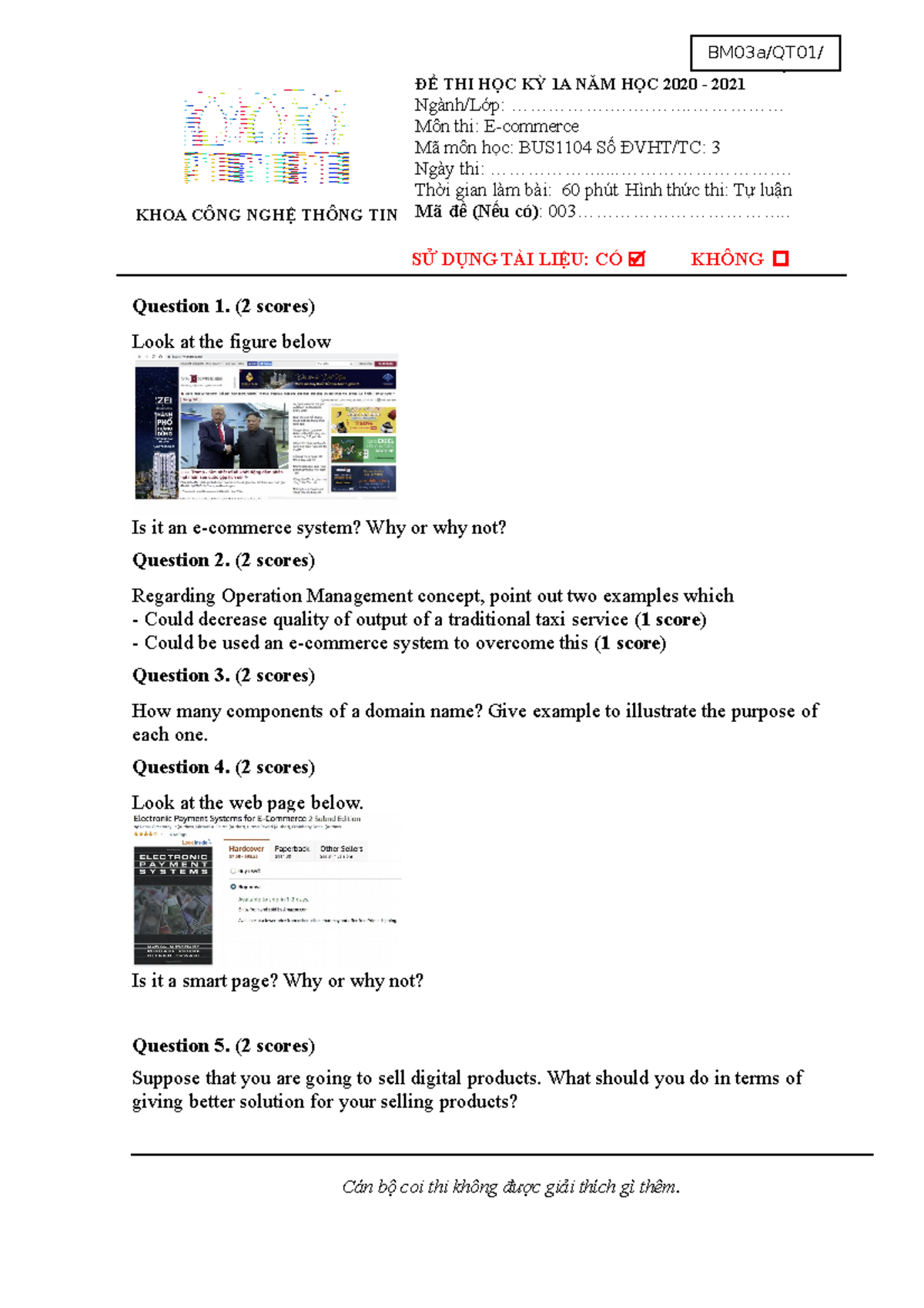 2020 1A Final exam 3 BM01a/QT01/KT KHOA CÔNG NGHỆ THÔNG