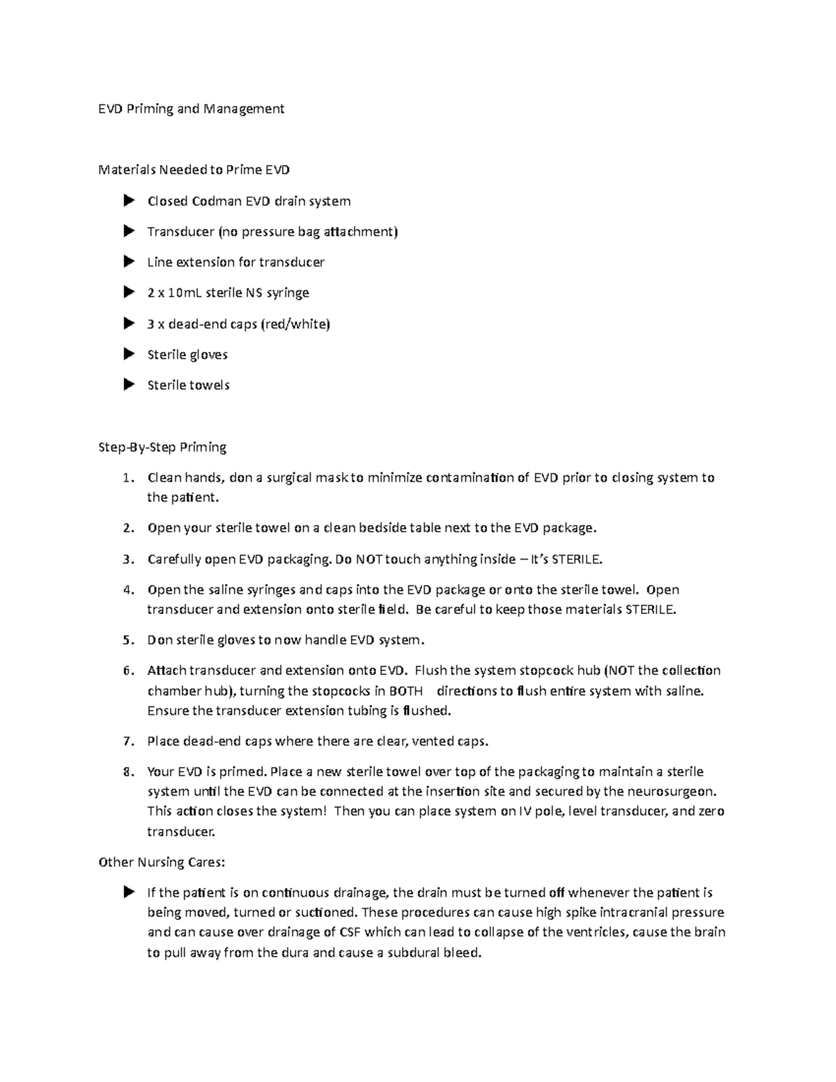 EVD - EVD Usage - EVD Priming and Management Materials Needed to Prime ...