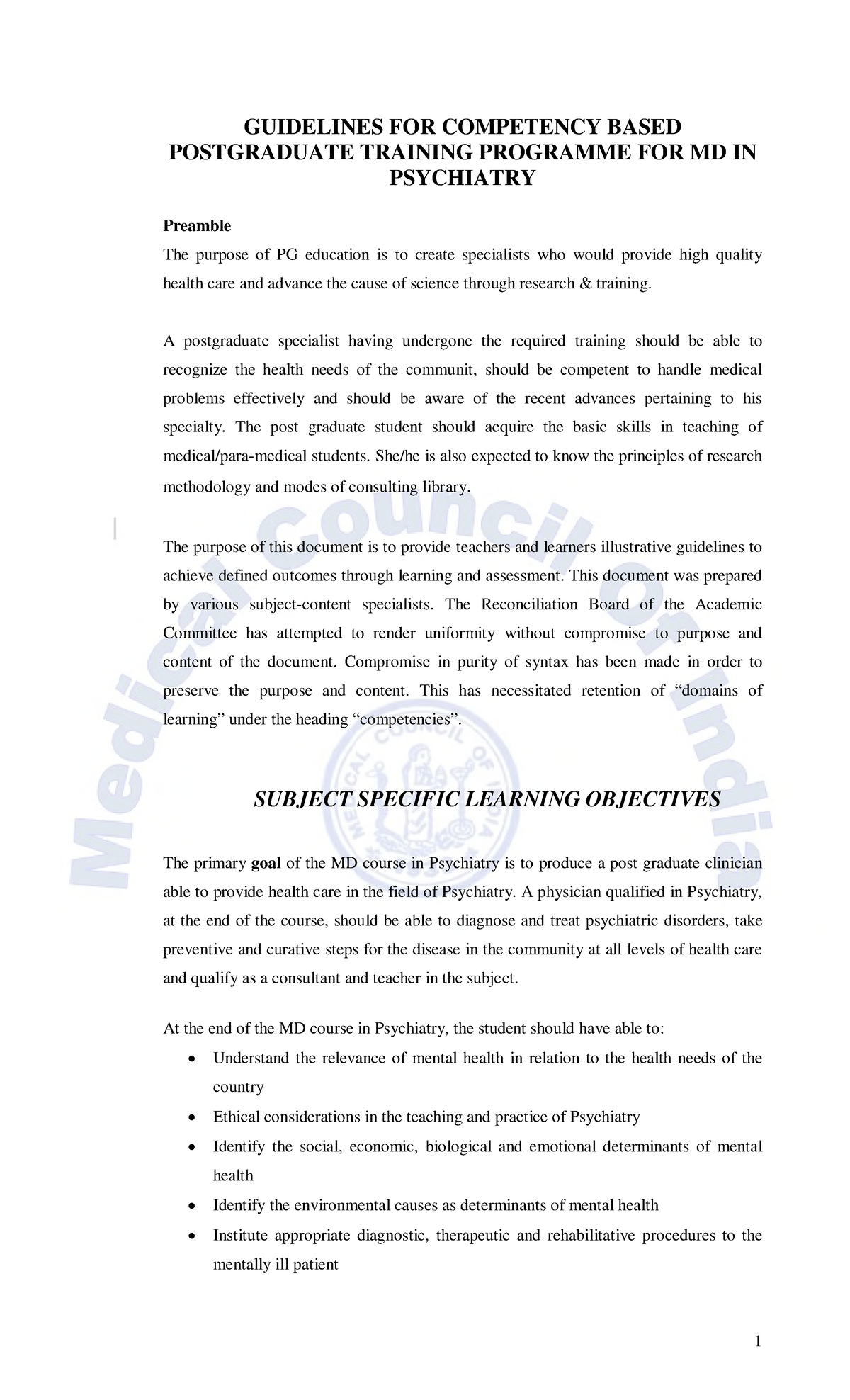 MDPsychiatry Syllabus GUIDELINES FOR COMPETENCY BASED POSTGRADUATE