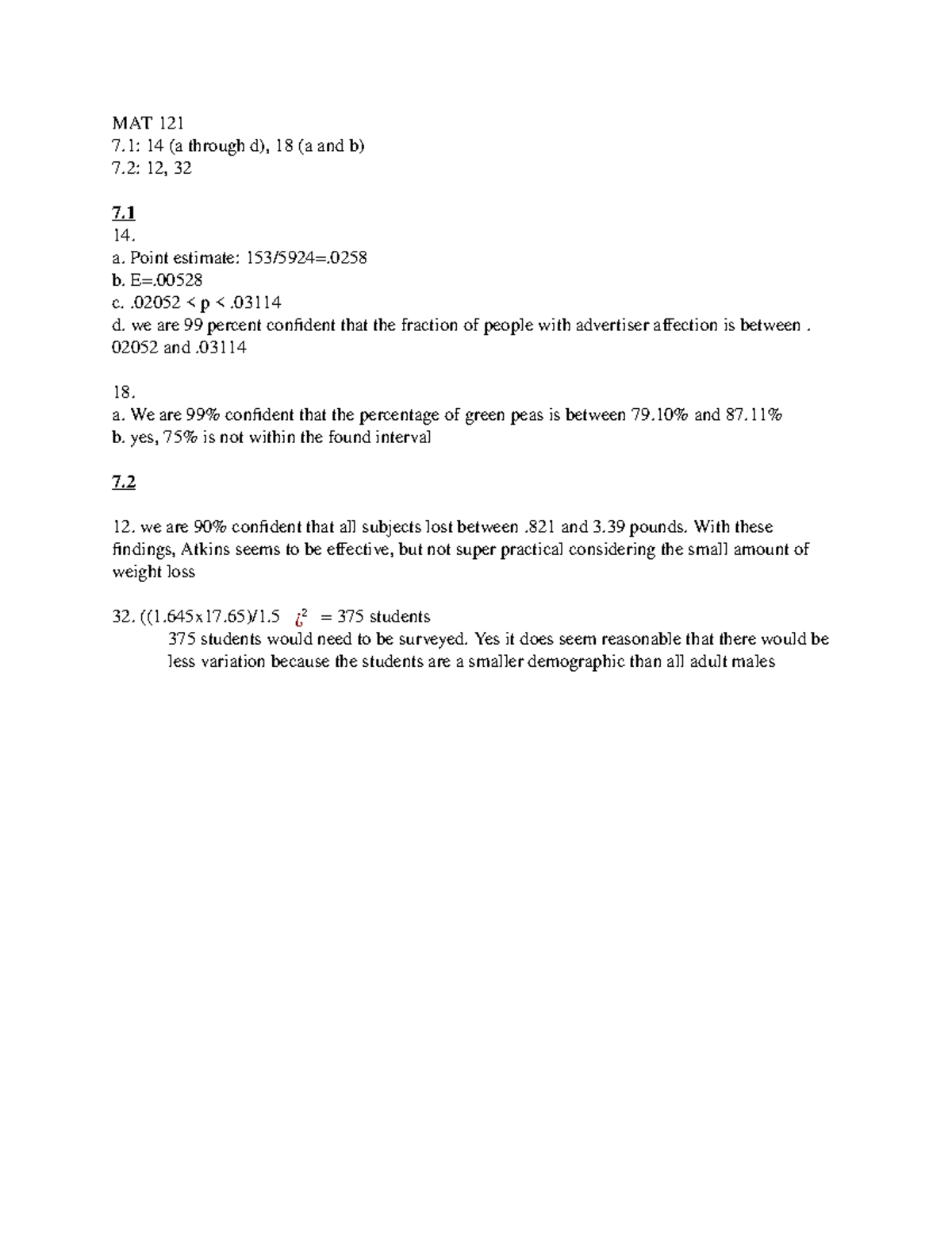 Hw ch 7 - chapter 7 math homework answers - MAT 121 7: 14 (a through d ...