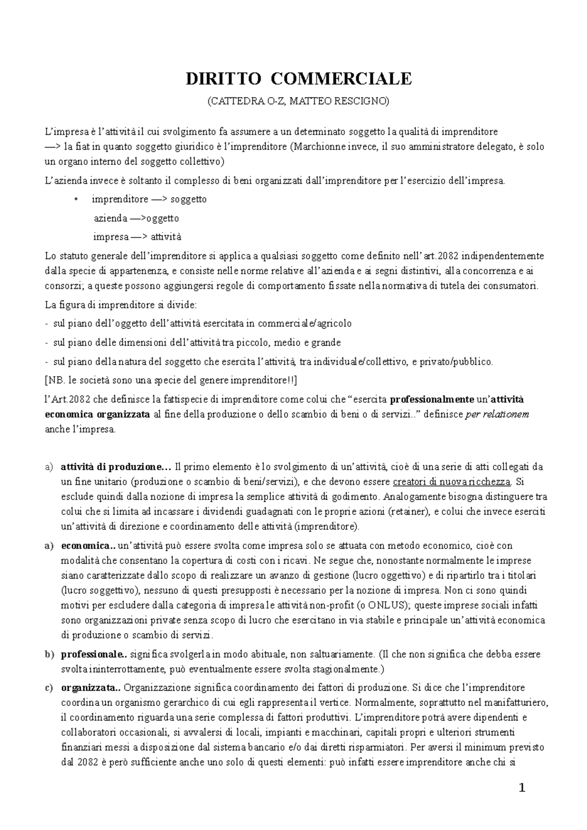 Riassunto Diritto Commerciale Presti Rescigno DIRITTO COMMERCIALE