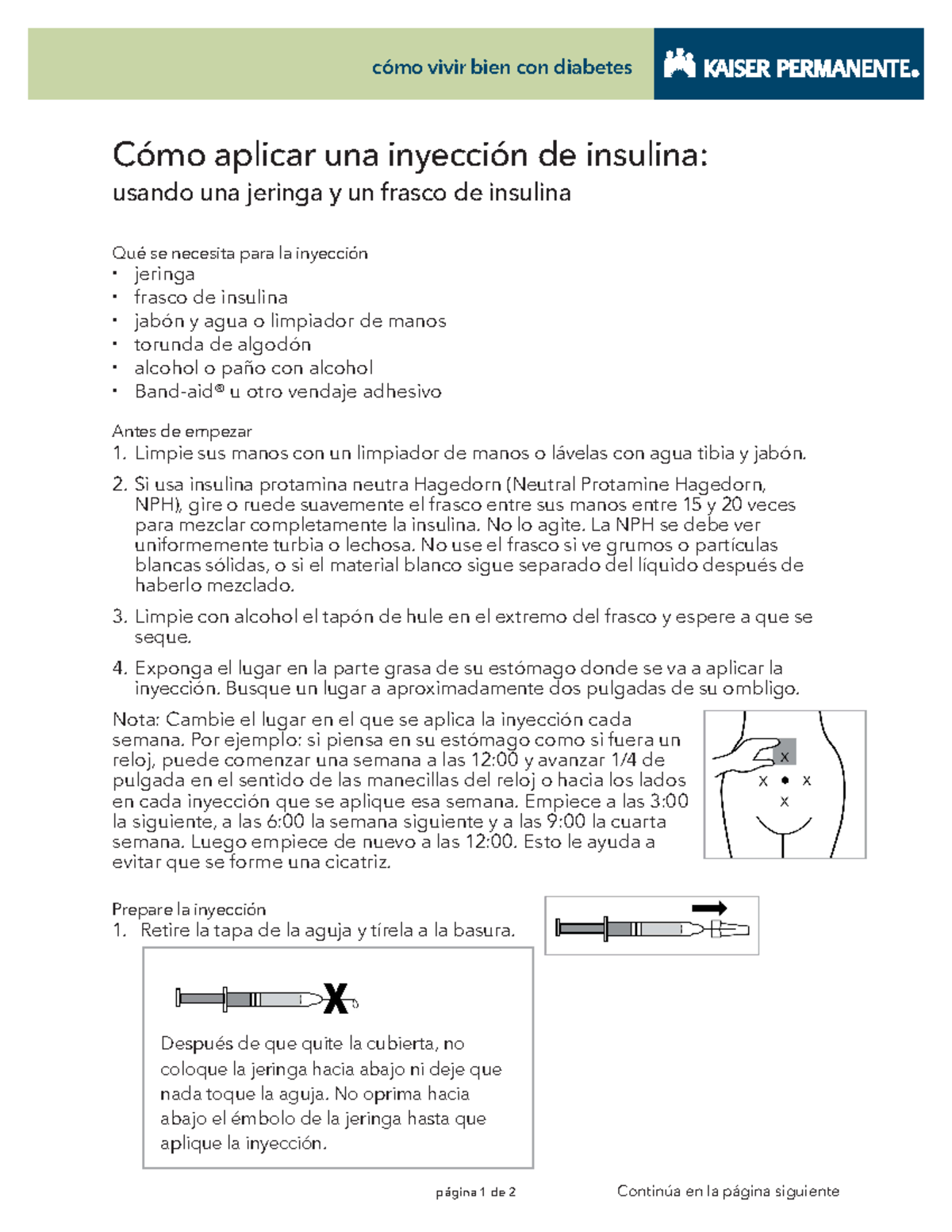 Insulin Shot Spanish Nursing notes página 1 de 2 Continúa en la