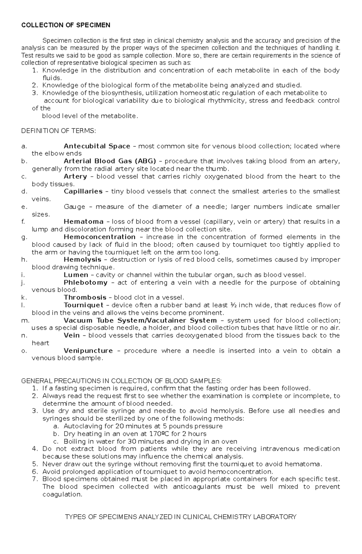 Midterms Lecture 1st 14 15 - COLLECTION OF SPECIMEN Specimen collection ...