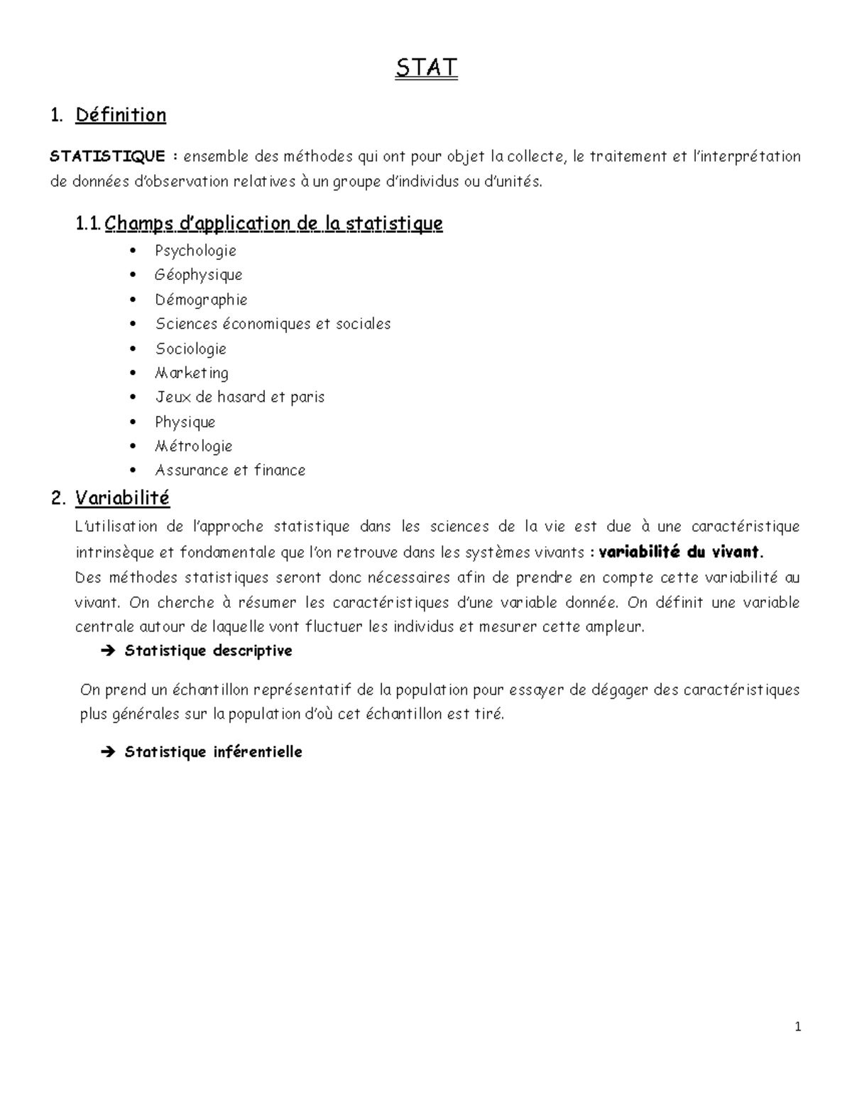 Introduction Aux Statistiques - STAT 1. Définition STATISTIQUE ...