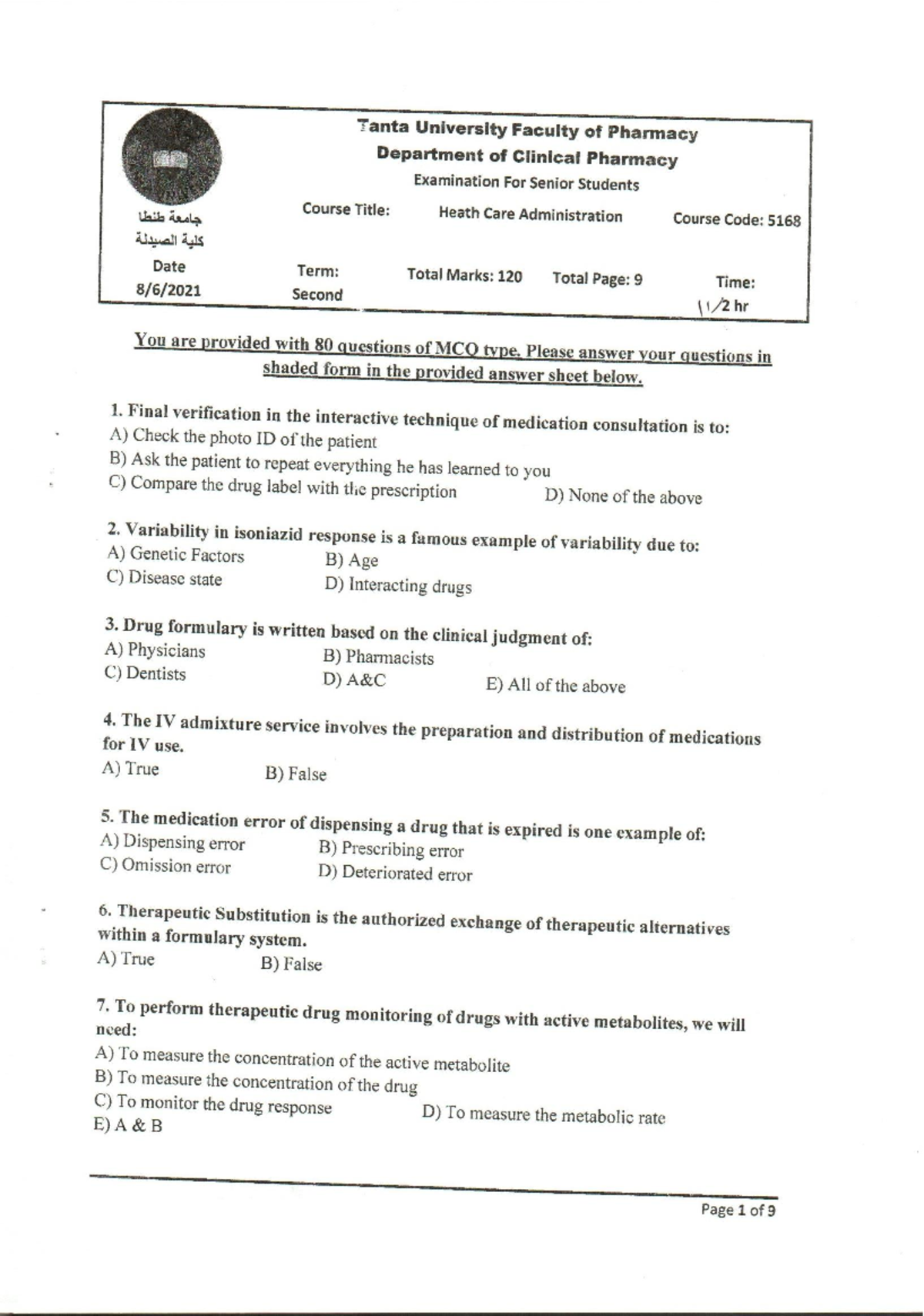 Health care exam pass Pharmacy Studocu