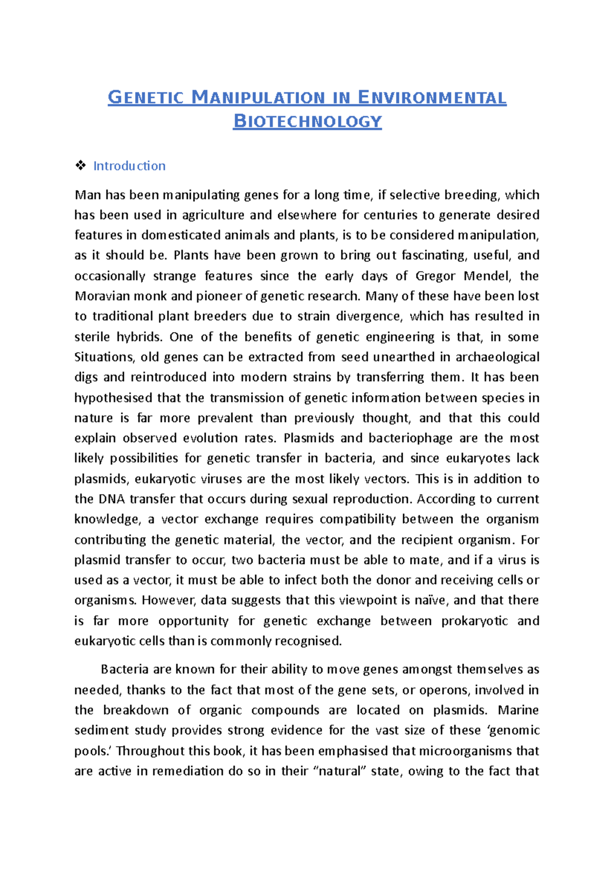 manipulation in environmental biotechnology Bachelor of