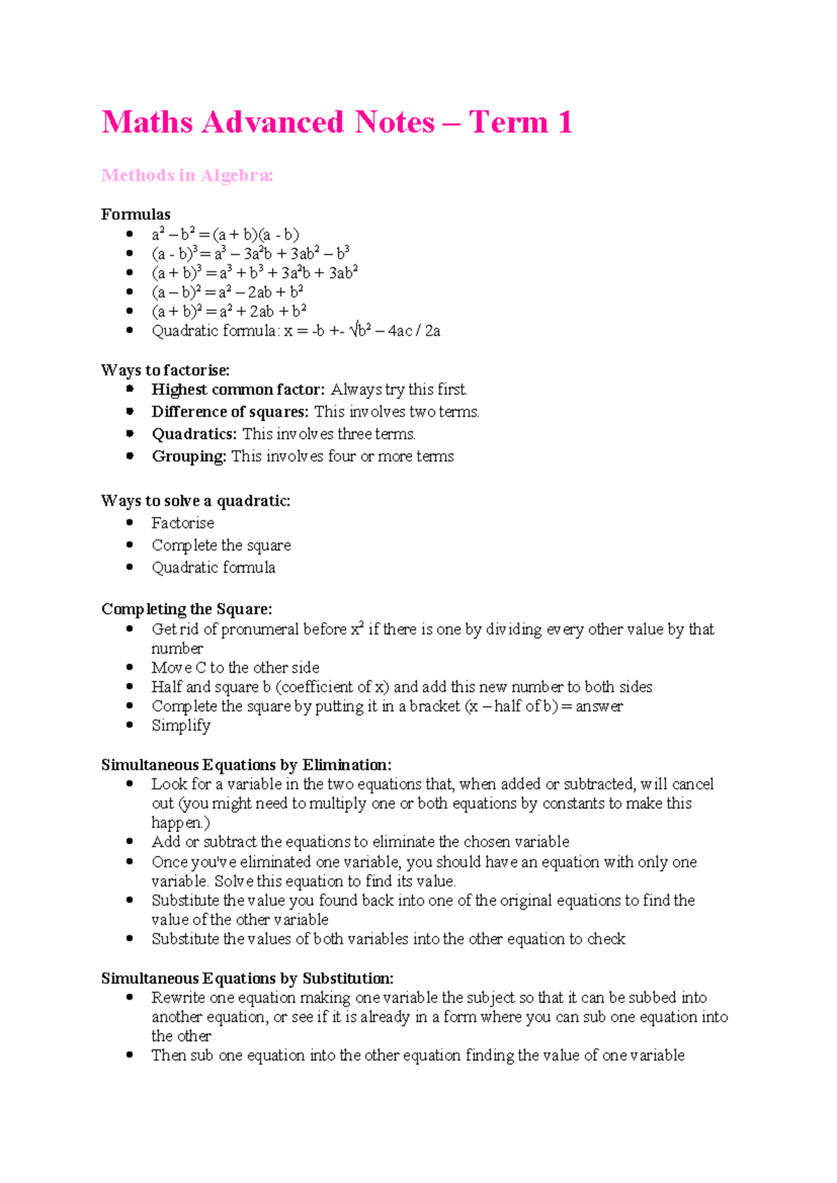 Maths Advanced Notes - Difference of squares: This involves two terms ...