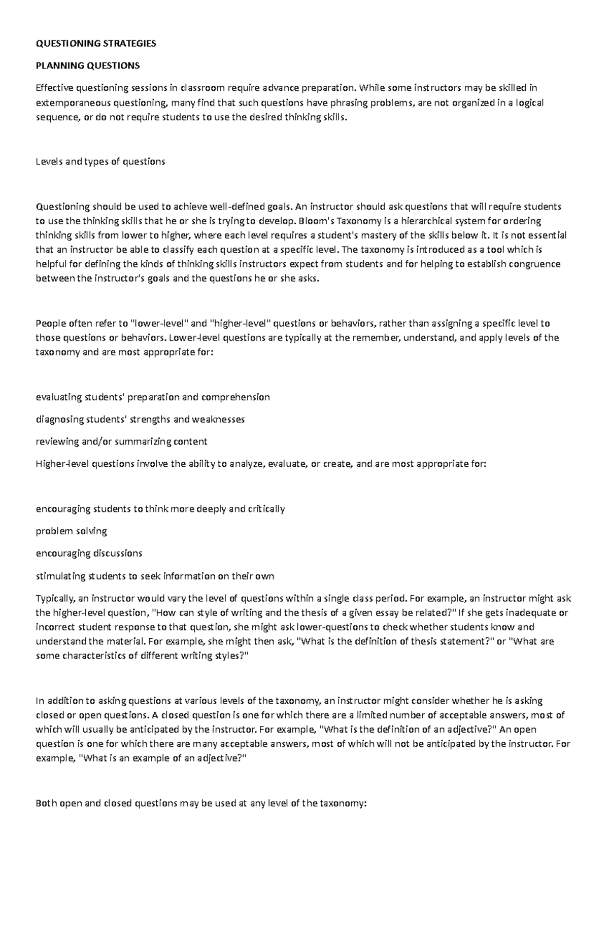 Questioning Strategies - QUESTIONING STRATEGIES PLANNING QUESTIONS ...