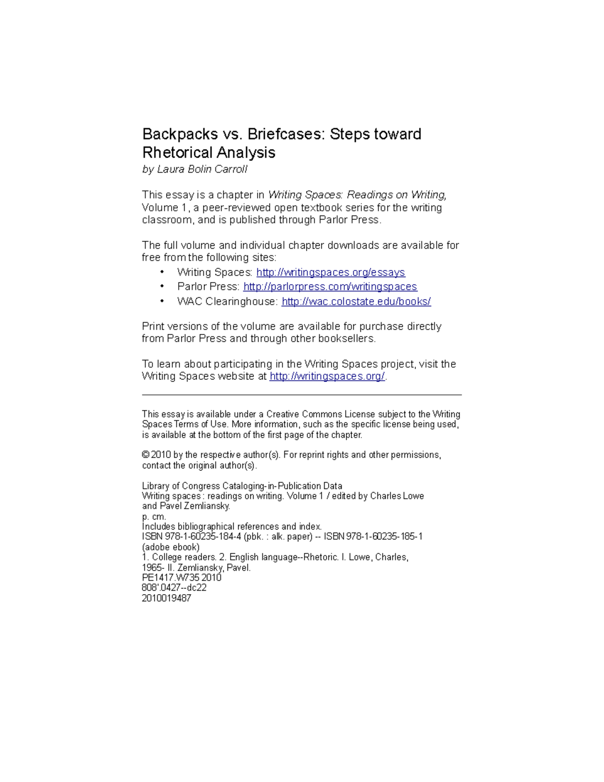 Carrollbackpacksvsbriefcases Backpacks vs. Briefcases Steps toward Rhetorical Analysis by