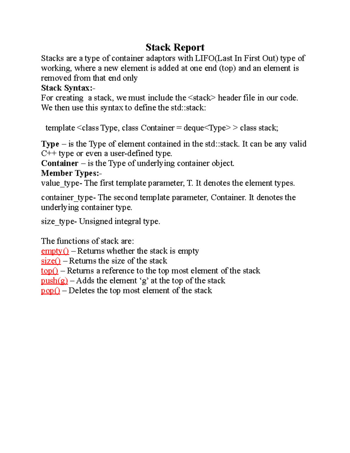 Stack Report aaaaaaaaaaaaaaaaaaa Stack Report Stacks are a type of