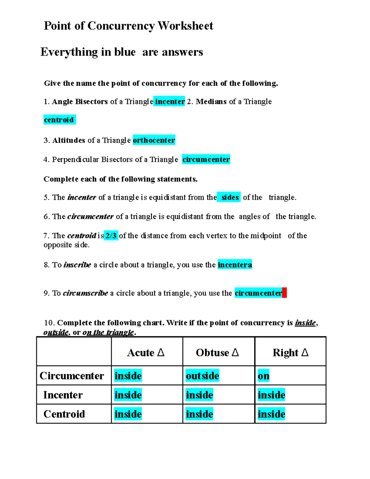 Geomerty Great Assignment Point Of Concurrency Worksheet Everything In Blue Are Answers Give 2773