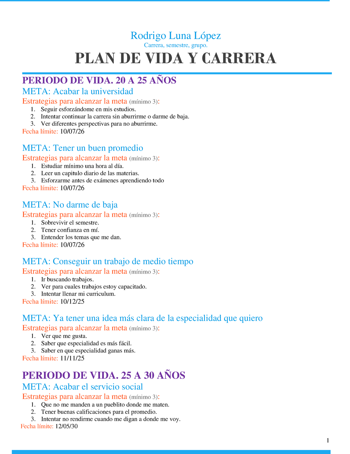 Formato Plan De Vida Rll Rodrigo Luna López Carrera Semestre Grupo Plan De Vida Y Carrera 