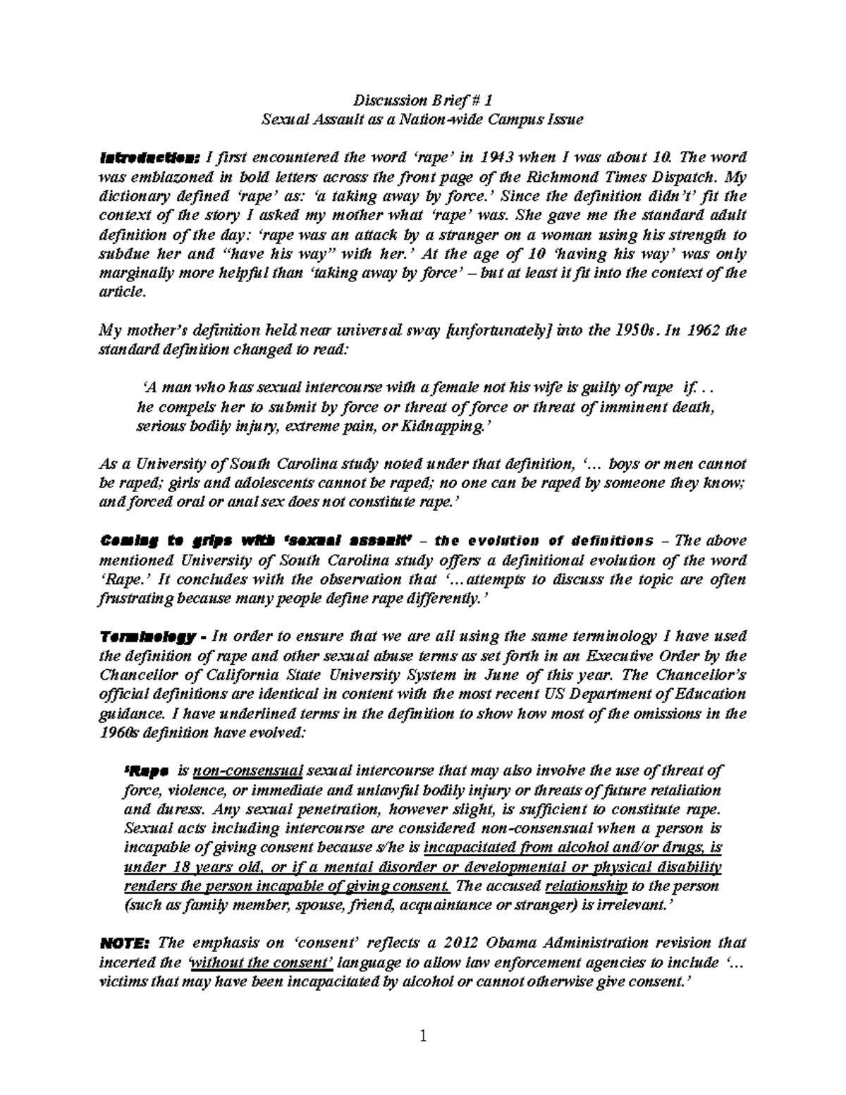 1st Discussion Brief Discussion Brief 1 Sexual Assault as a Nation