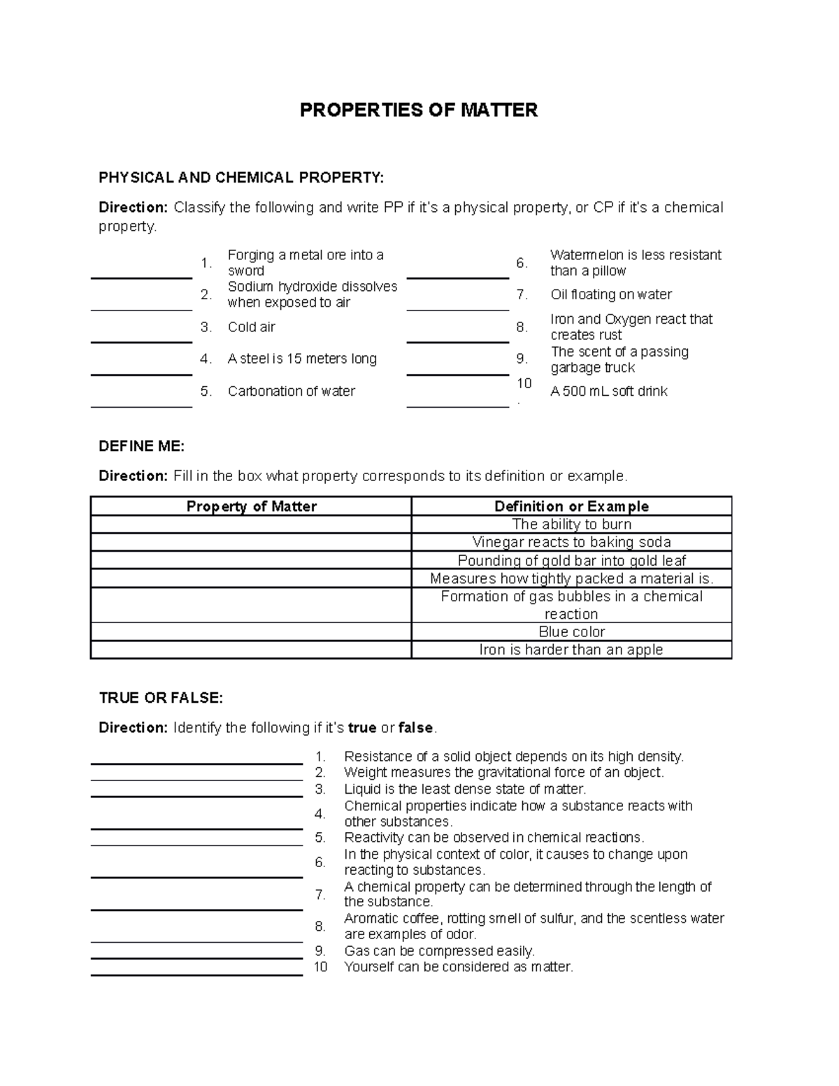 Drill - PROPERTIES OF MATTER PHYSICAL AND CHEMICAL PROPERTY: Direction ...