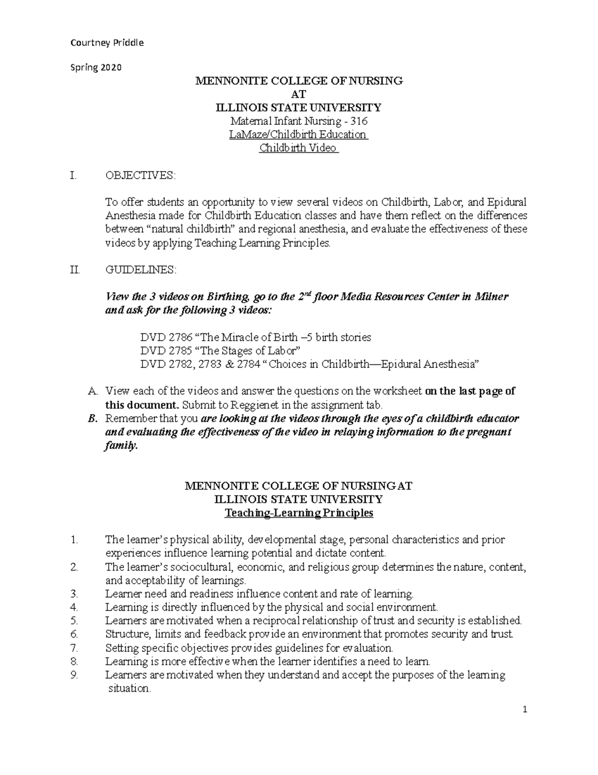 Child Education Worksheet NUR 316 - Spring 2020 MENNONITE COLLEGE OF ...