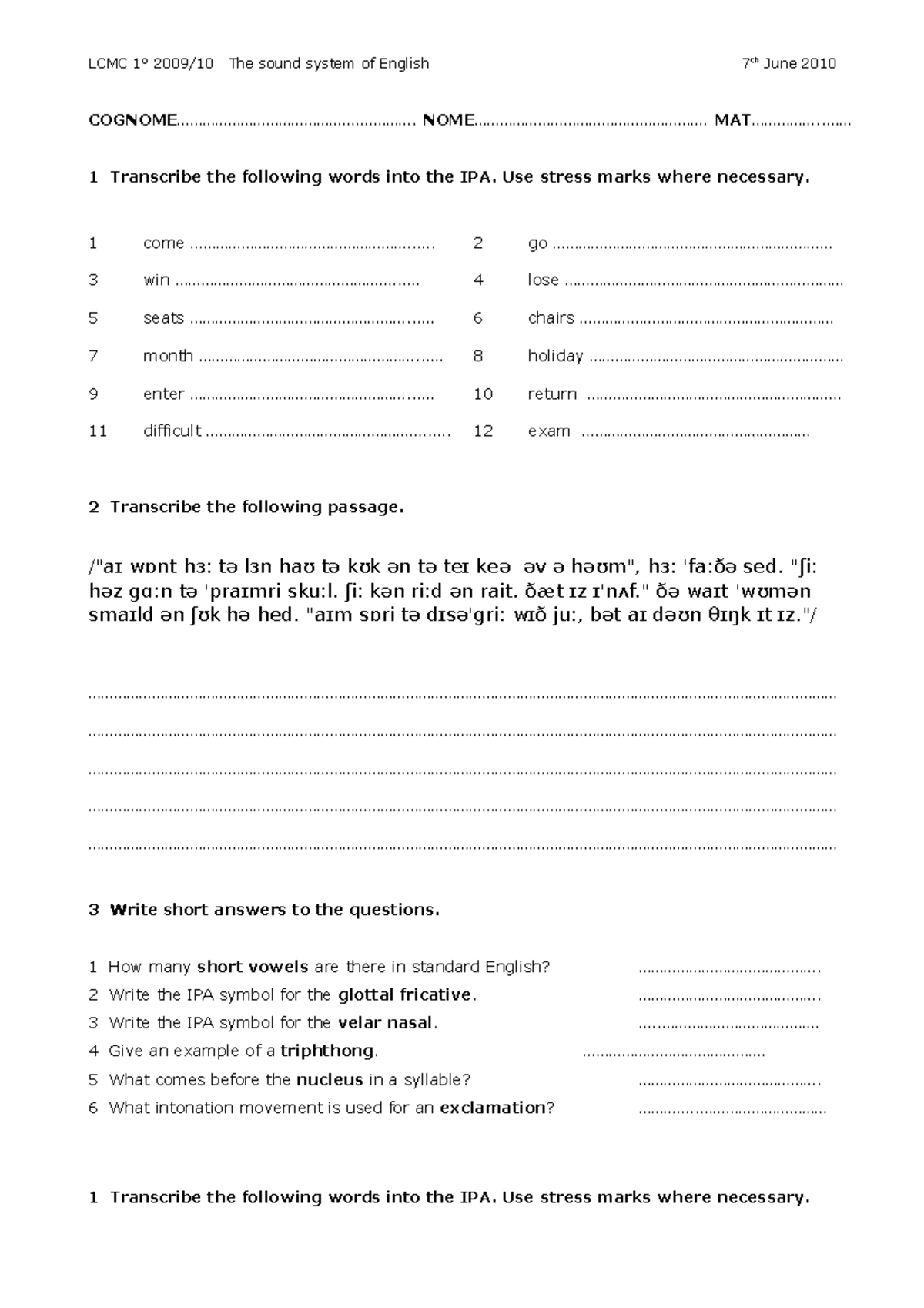 Esercitazione The Sound System of English Lingua Inglese 1 Classe 1