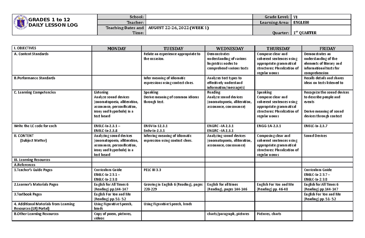 DLL English 6 Q1 W1 - detailed - GRADES 1 to 12 DAILY LESSON LOG School ...