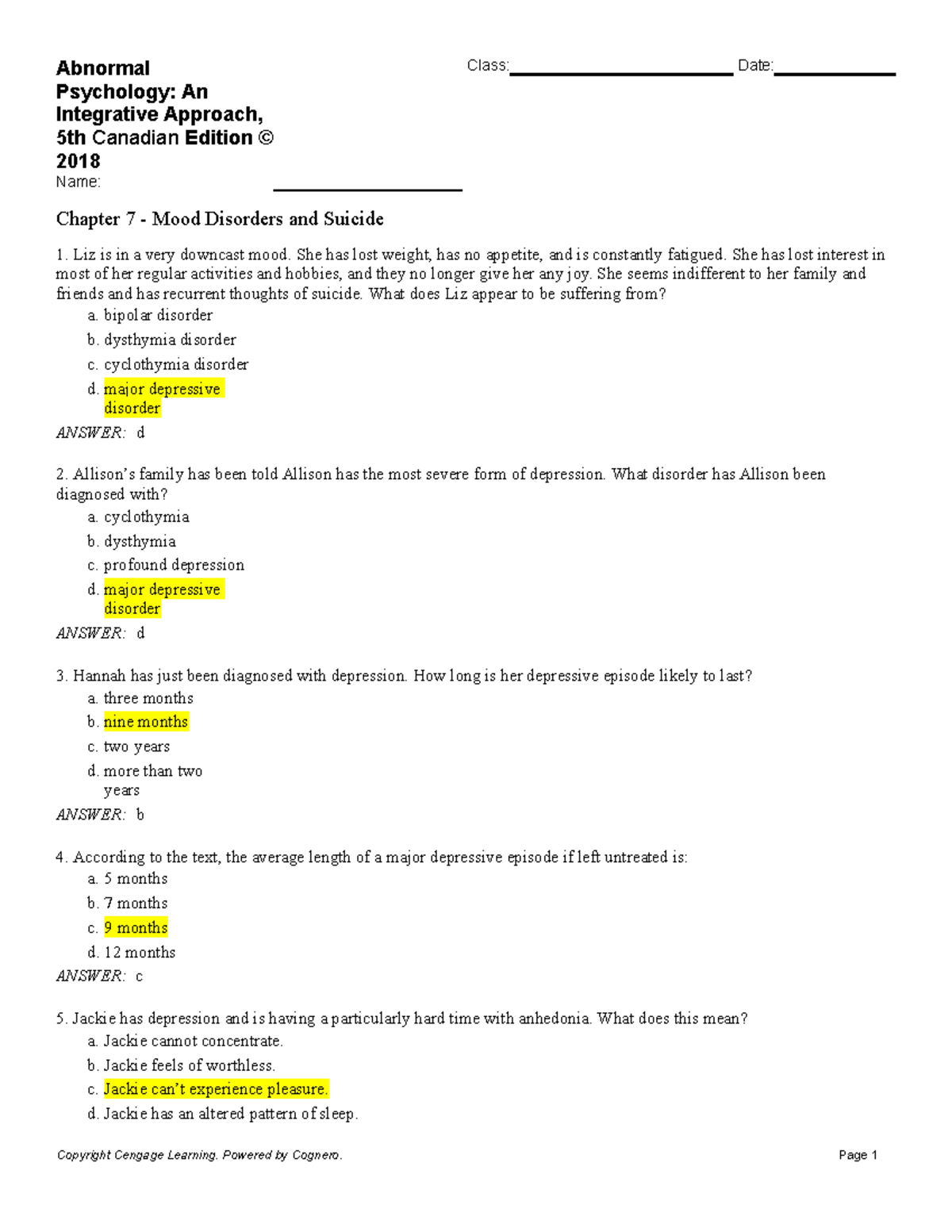 Chapter 7 Mood Disorders and Suicide - Abnormal Psychology: An ...