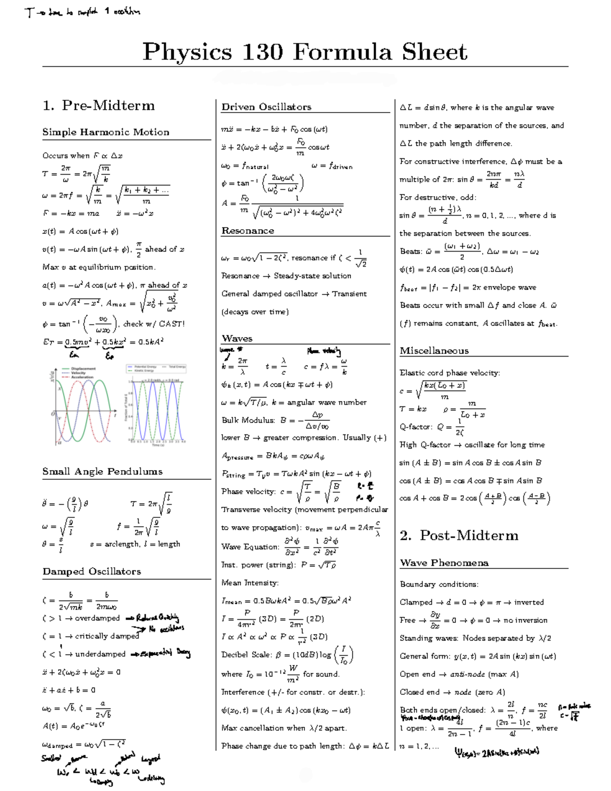 Formula Sheet Physics - Physics 130 Formula Sheet Created Using Latex 