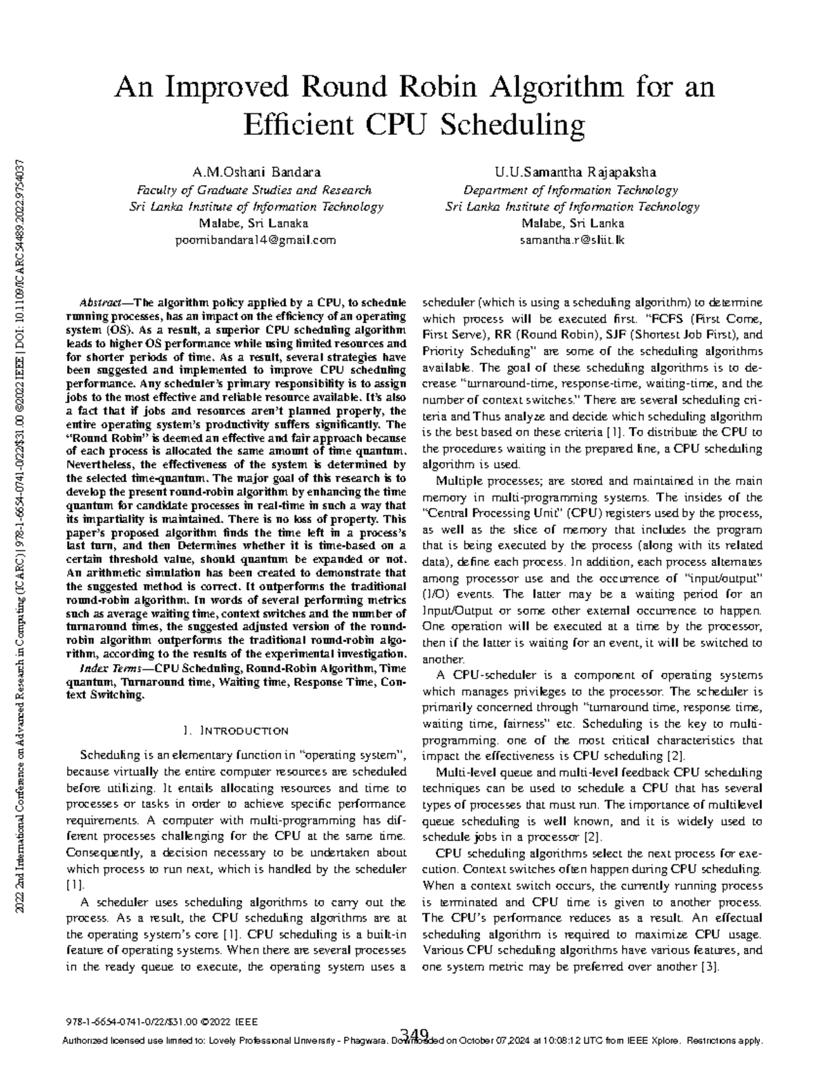 IEEE An Improved Round Robin Algorithm for an Efficient CPU Scheduling ...
