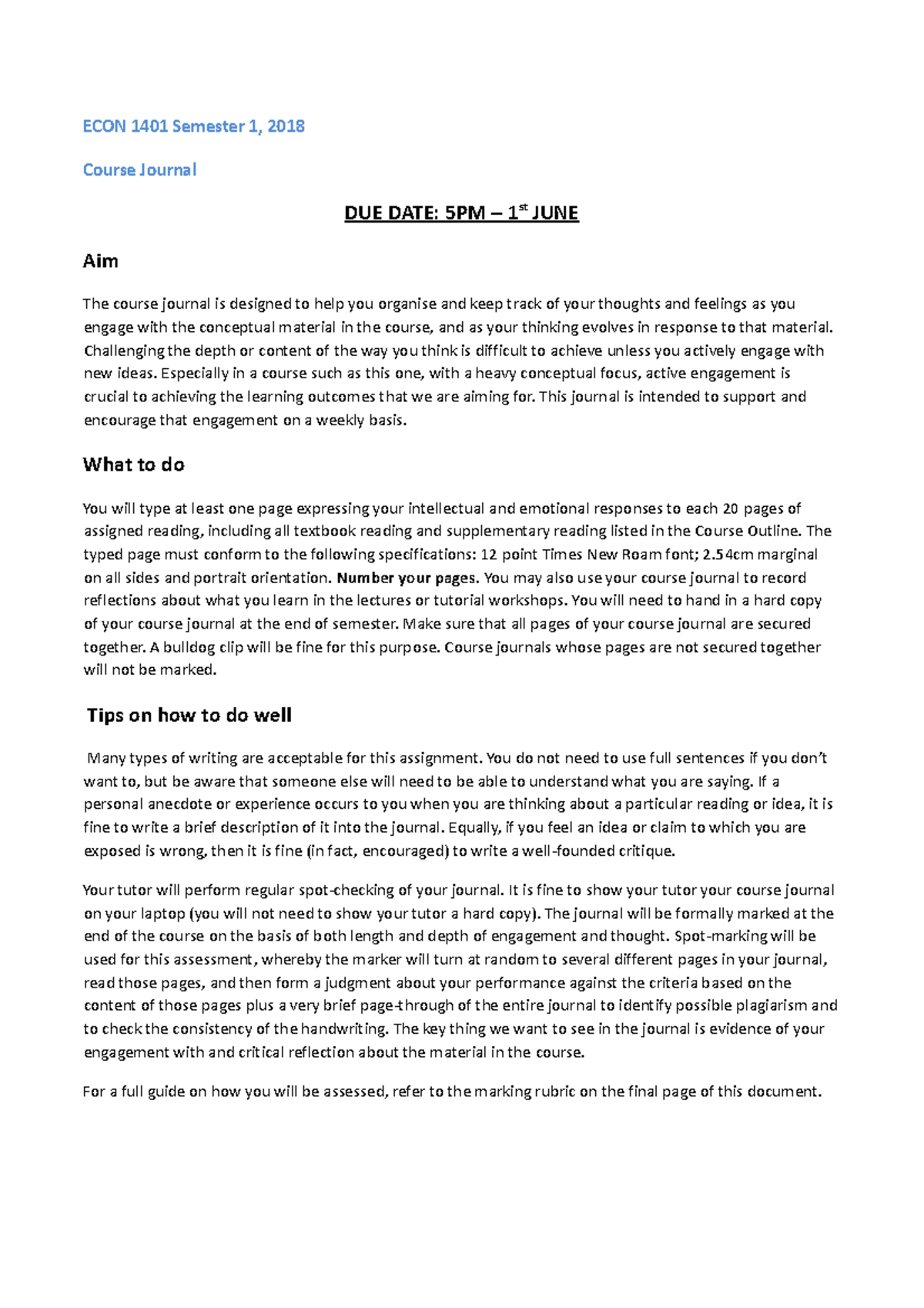 Course Journal Assignment Brief Warning TT undefined function 32