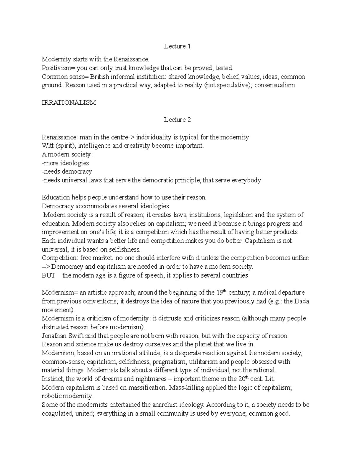 Lecture notes- modernism - Lecture 1 Modernity starts with the ...