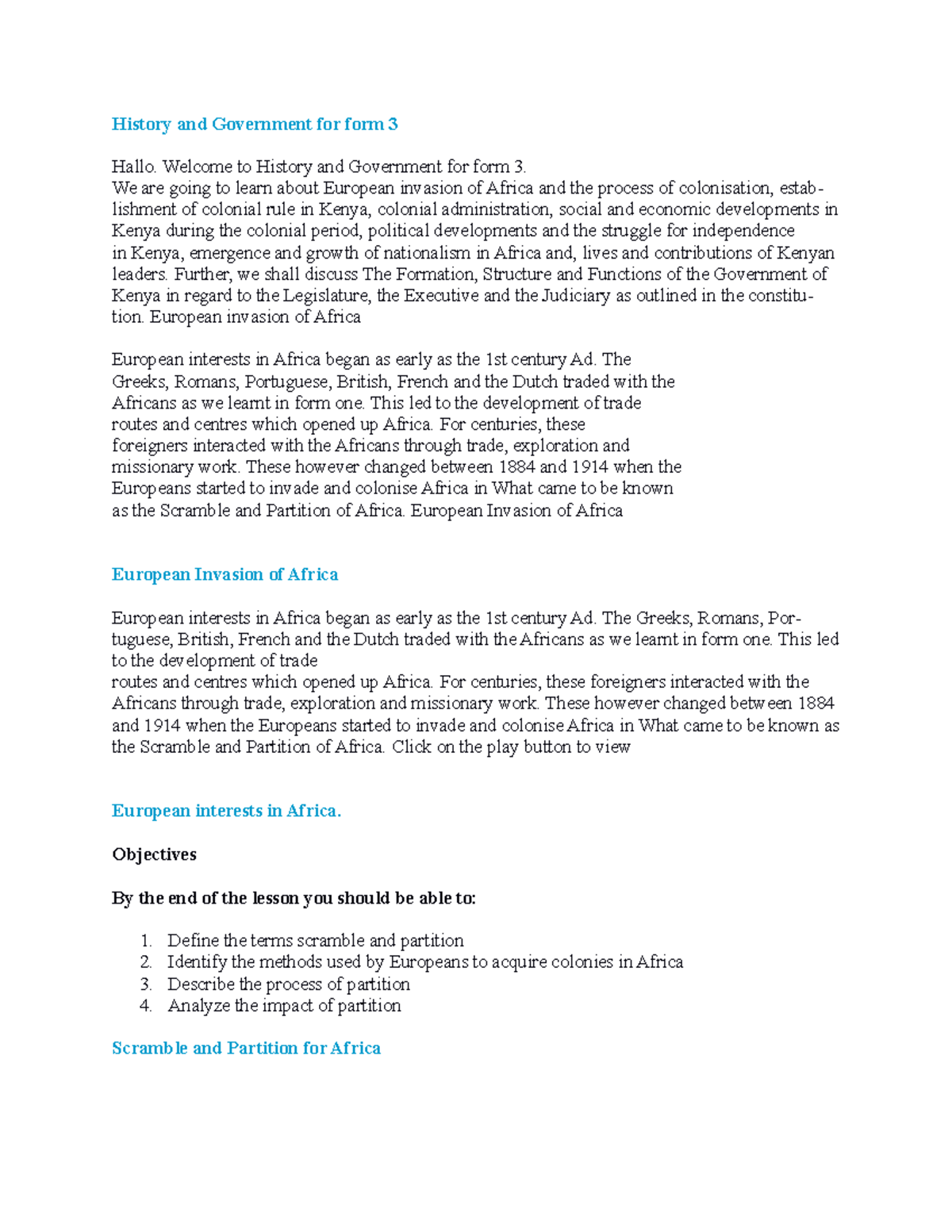 History FORM 3 Notes - History and Government for form 3 Hallo. Welcome ...