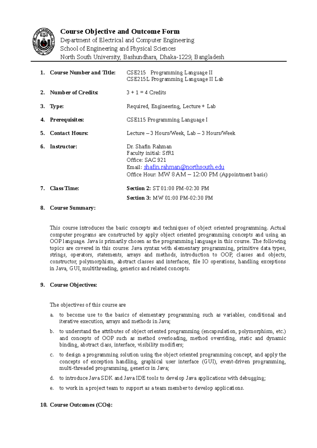 CSE 215 Course Objective and Outcome - Course Objective and Outcome ...