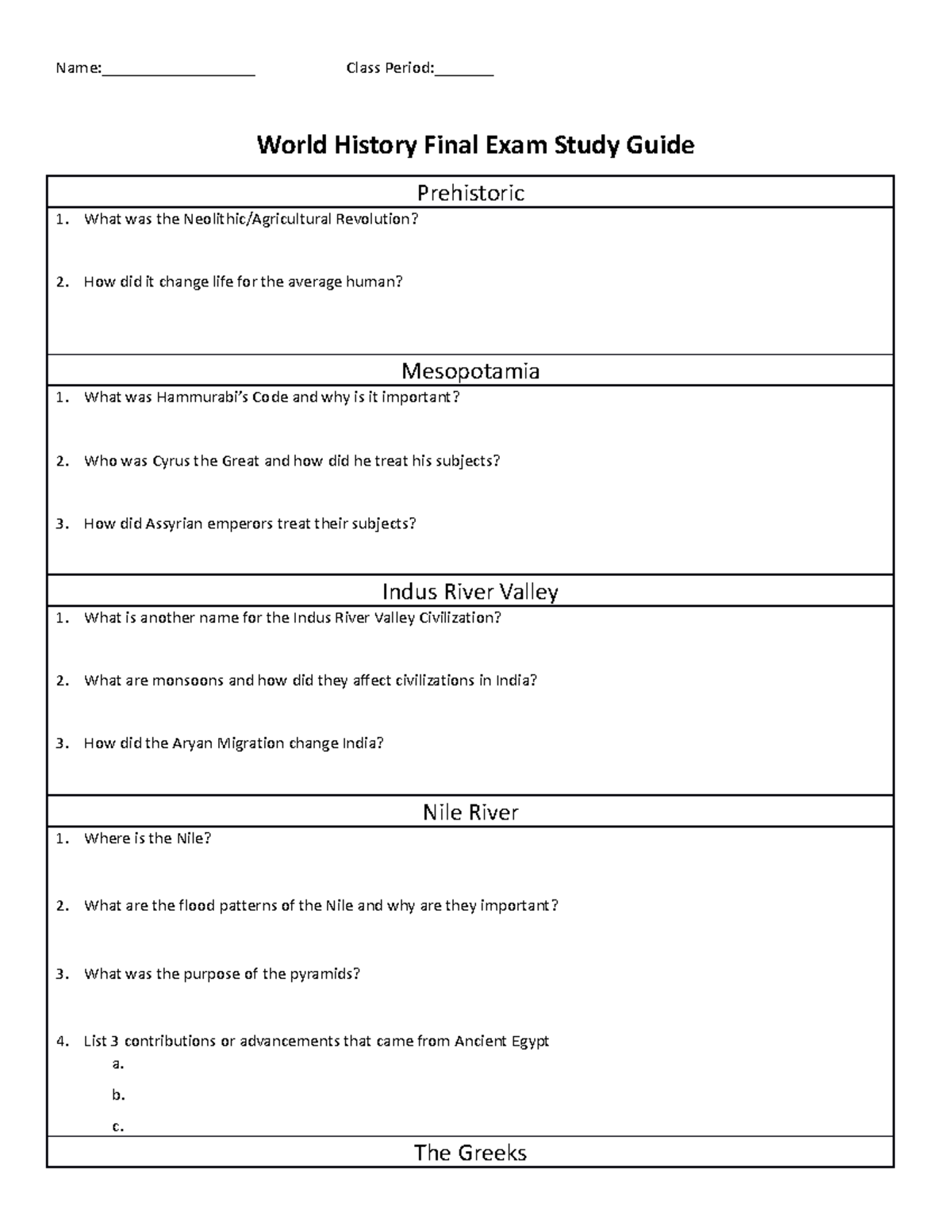 World History Final Exam Study Guide - Name:__________________ Class ...