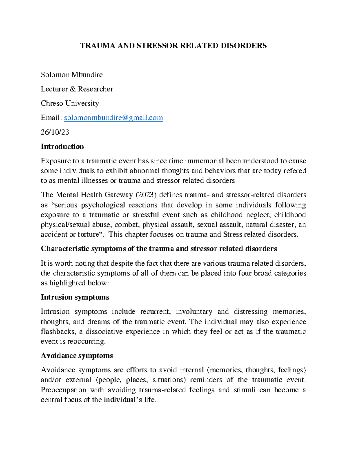 Trauma AND Stressor Related Disorders- Mbundire(2023) - TRAUMA AND ...