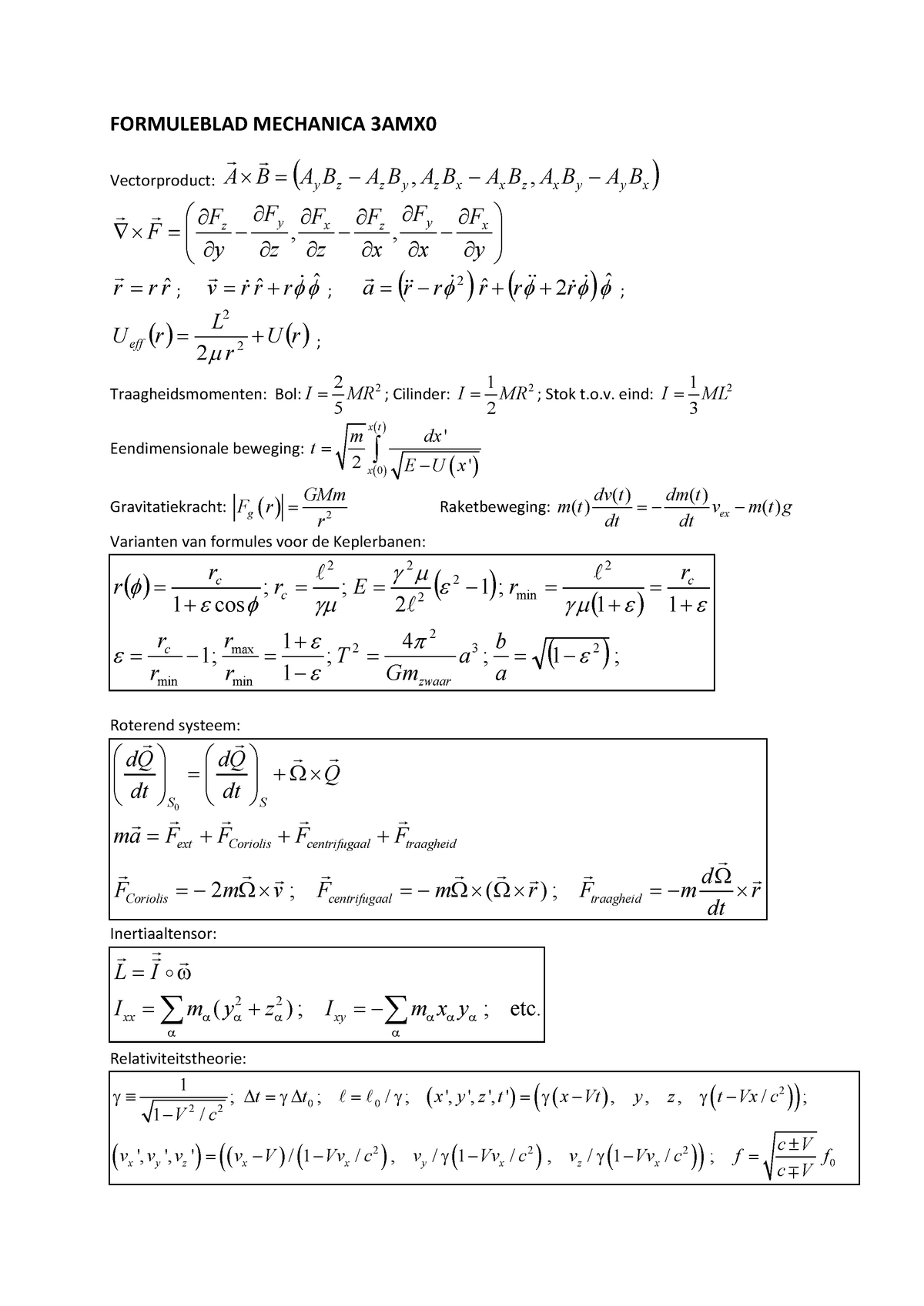 Formuleblad - FORMULEBLAD MECHANICA 3AMX0 A × B = (Ay Bz − Az B Y , Az ...