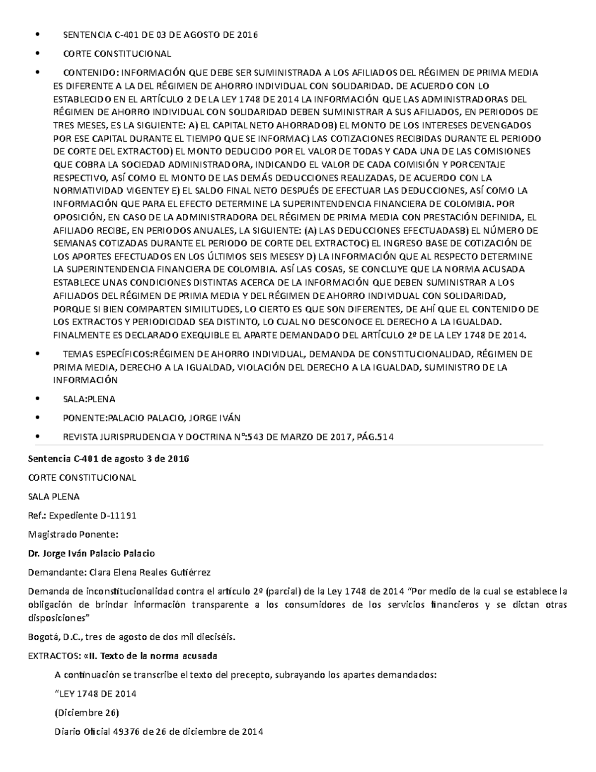 Sentencia C 401 DE Agosto 3 DE 2016 - SENTENCIA C-401 DE 03 DE AGOSTO