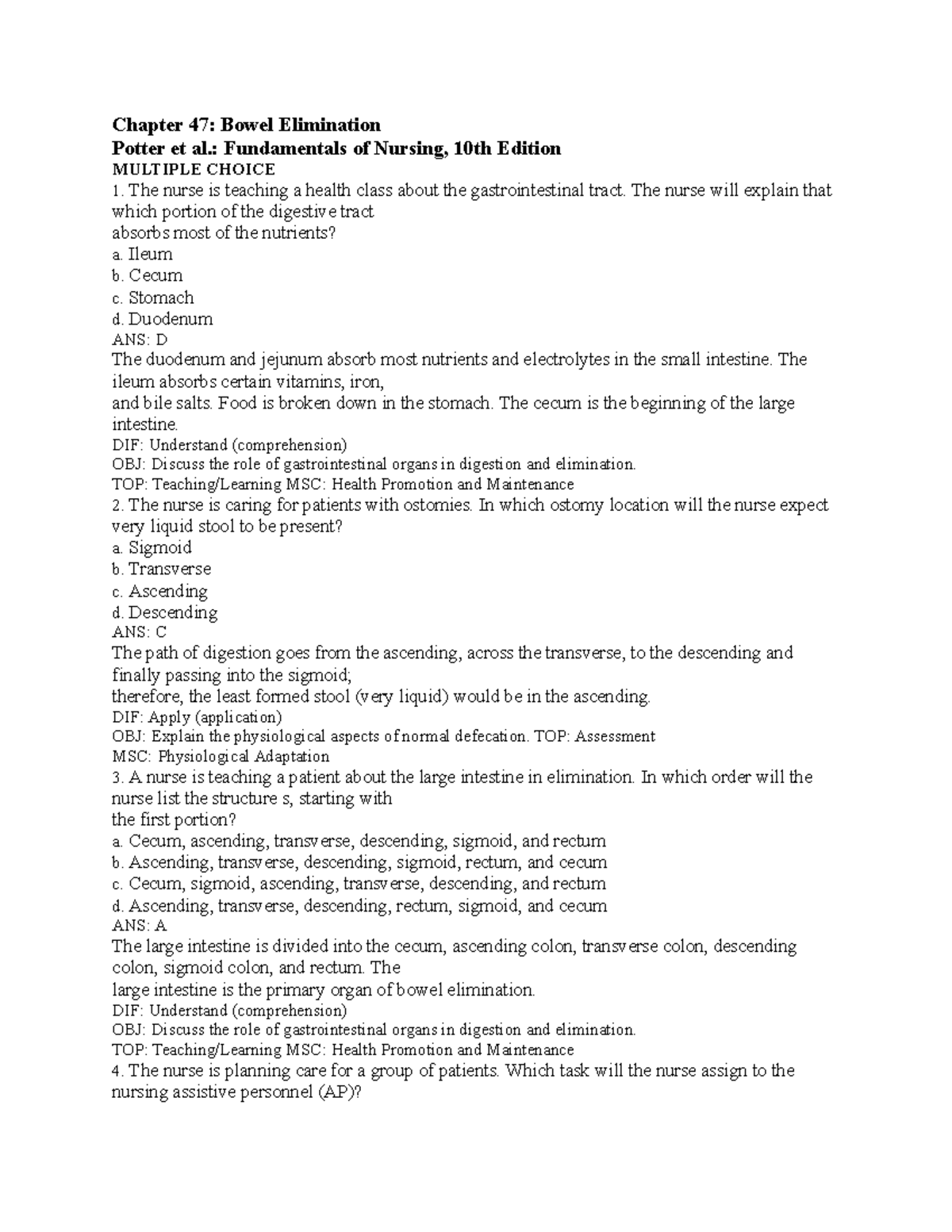 Bowel Elimination questions durham Chapter 47 Bowel Elimination