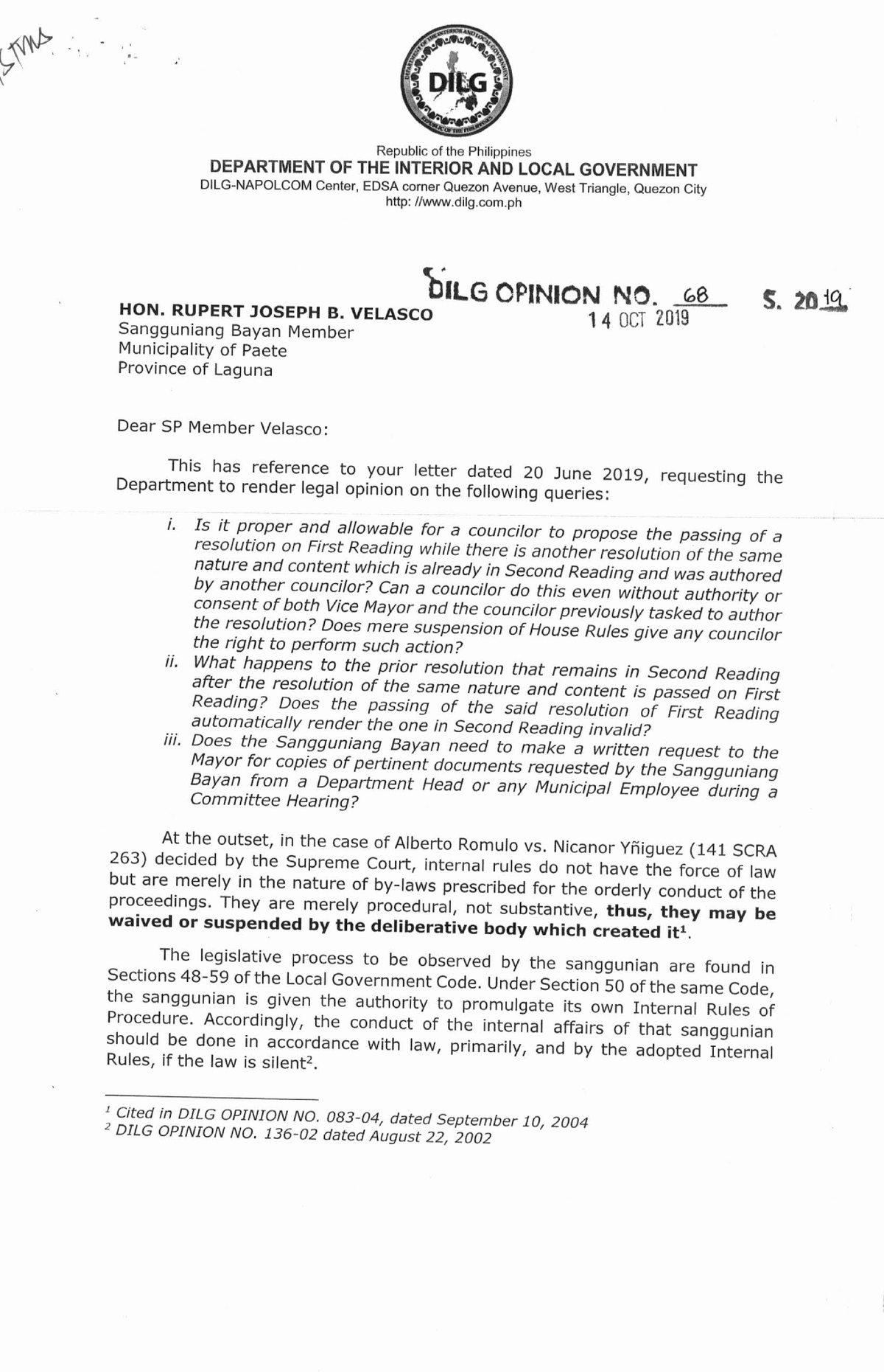 DILG Legal Opinion On Passing By Councilor Of Resolution - BS Secondary ...