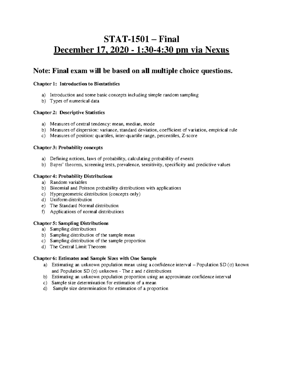 Final Exam-Coverage-Fall2020 - STAT-1501 – Final December 17, 2020 - 1: ...