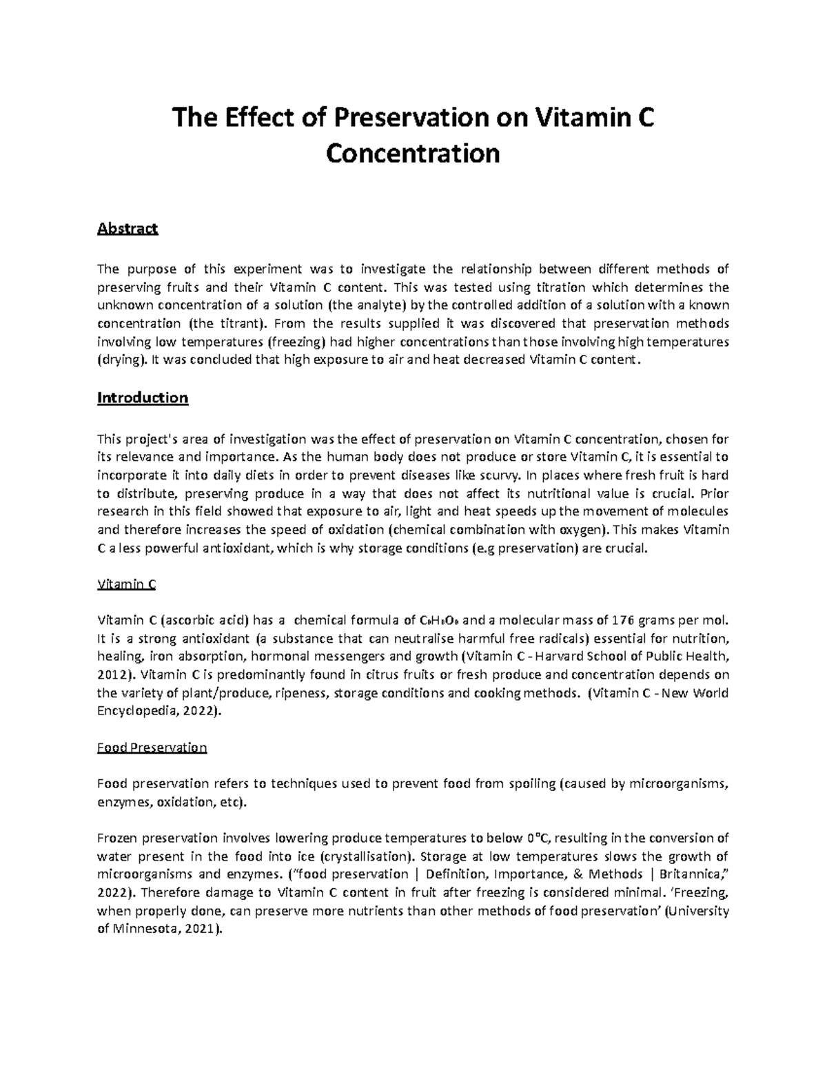 The Effect of Preservation on Vitamin C Concentration The Effect of