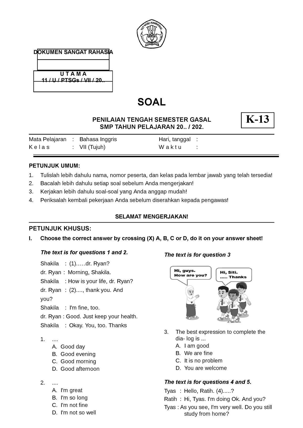 Soal Pts Gasal 7 Bahasa Inggris Dokumen Sangat Rahasia U T A M A 11