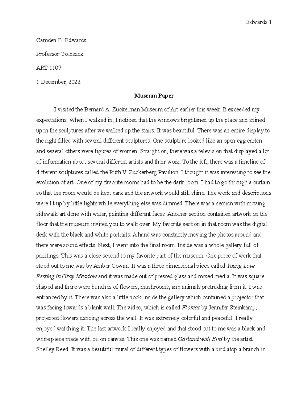 Museum Paper Assignment Edwards 1 Camden B. Edwards Professor