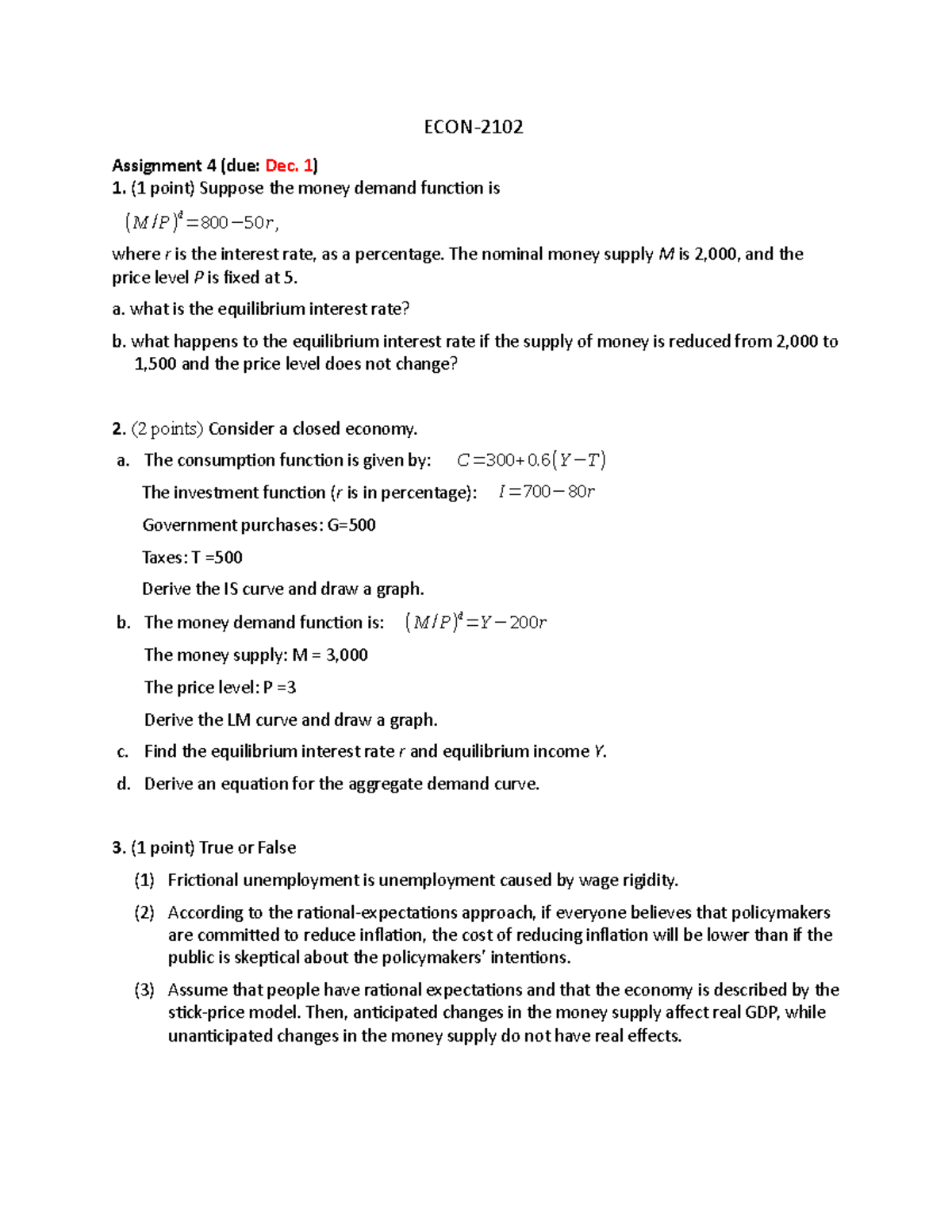 money assignment economics