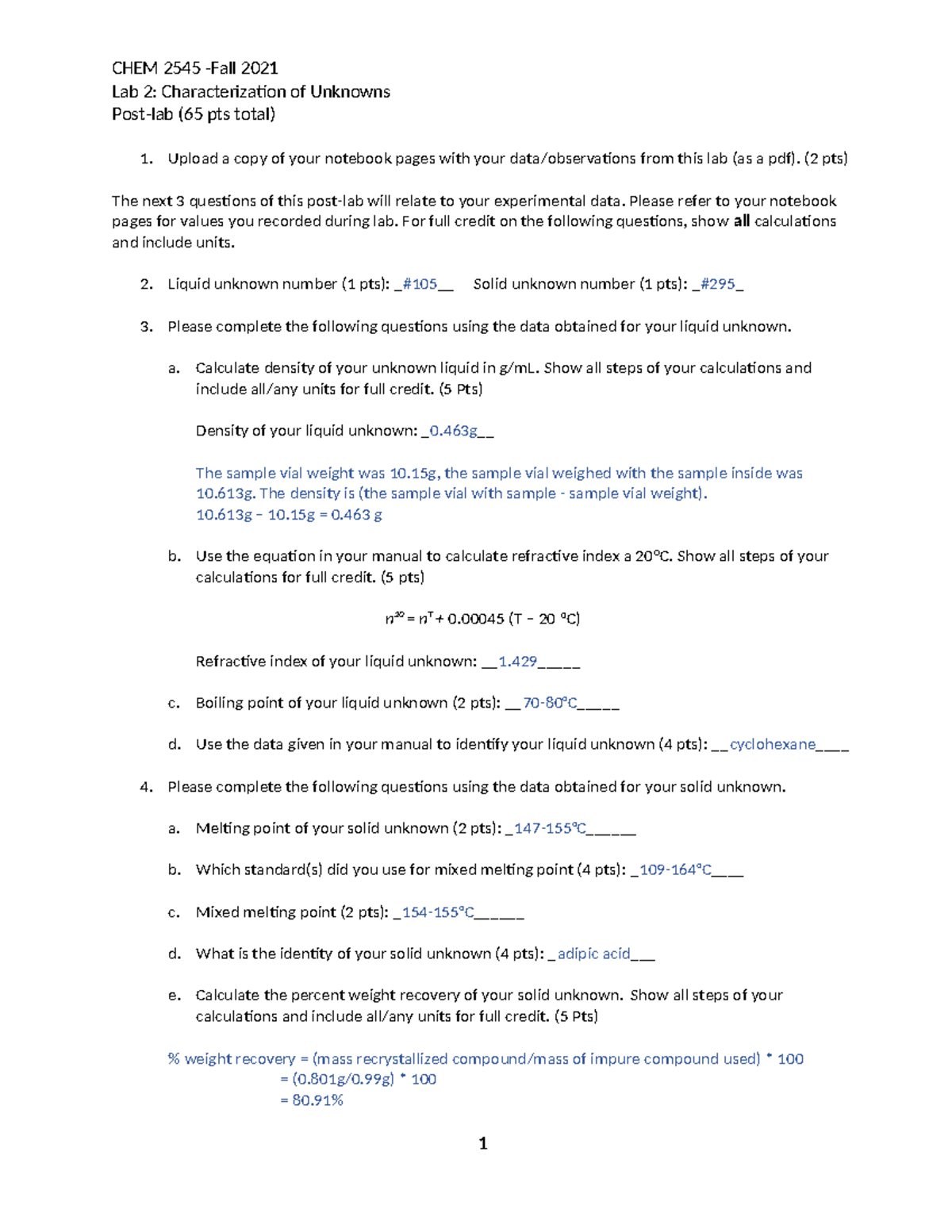 Lab 2 Post lab - post lab 2 - CHEM 2545 -Fall 2021 Lab 2 ...